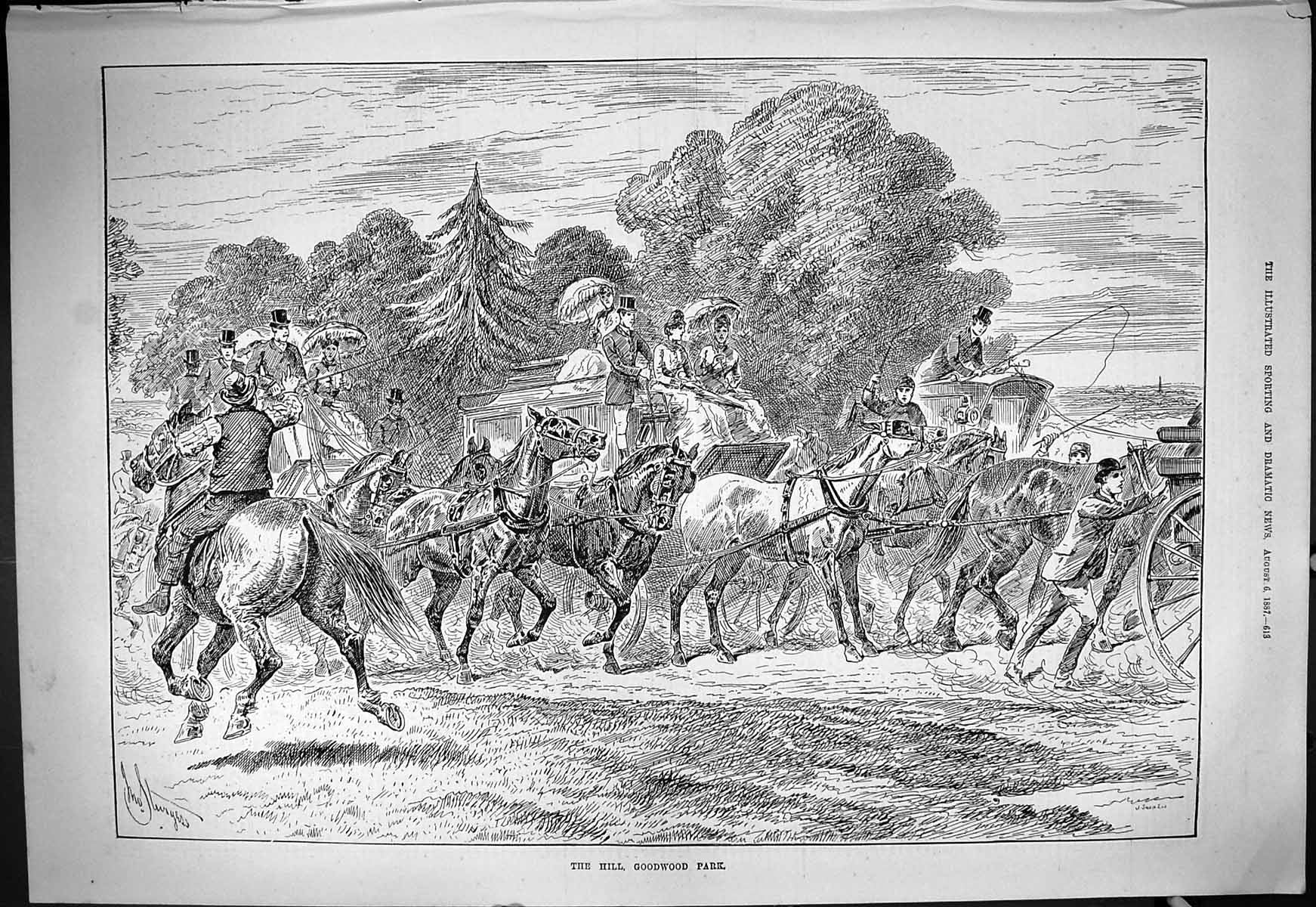Original Old Antique Print 1887 Horses Coaches Goodwood Park Transport 19th