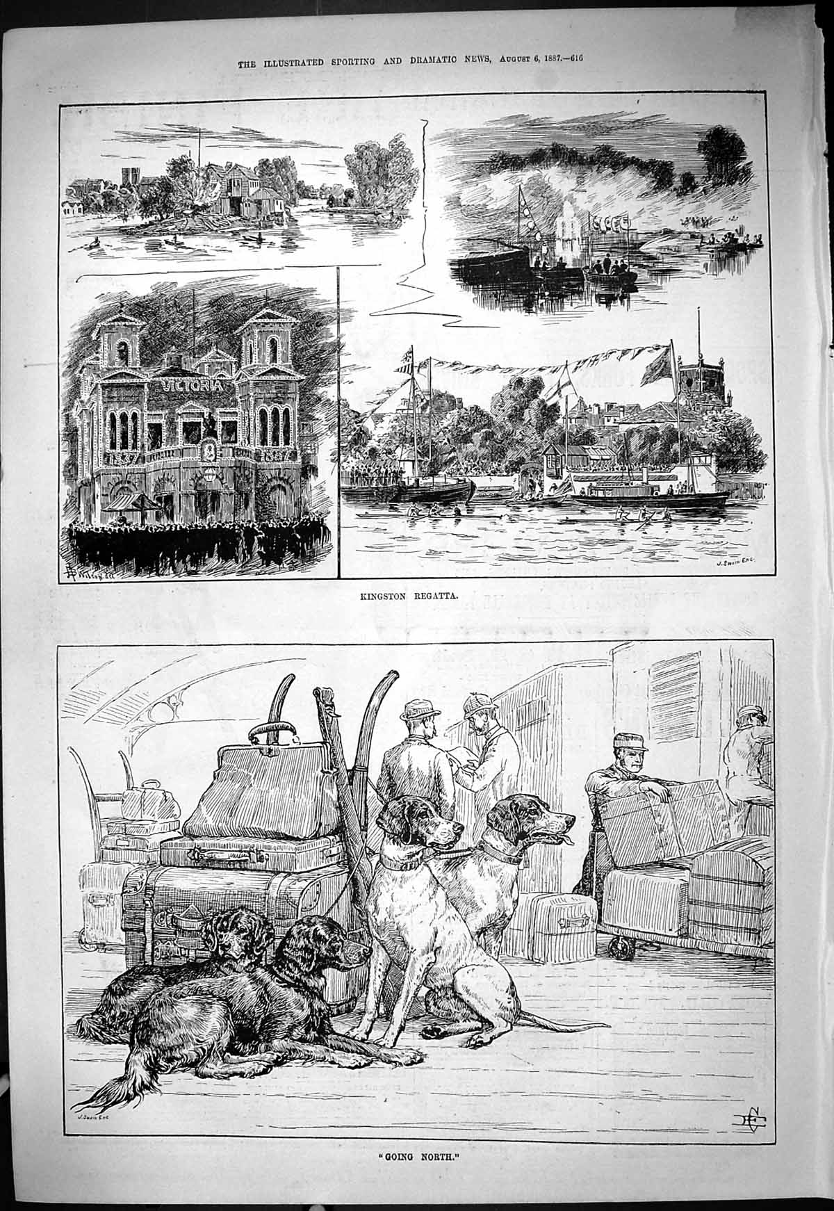 Antique Print 1887 Kingston Regatta Boats Victoria Hotel Train Railway Dogs
