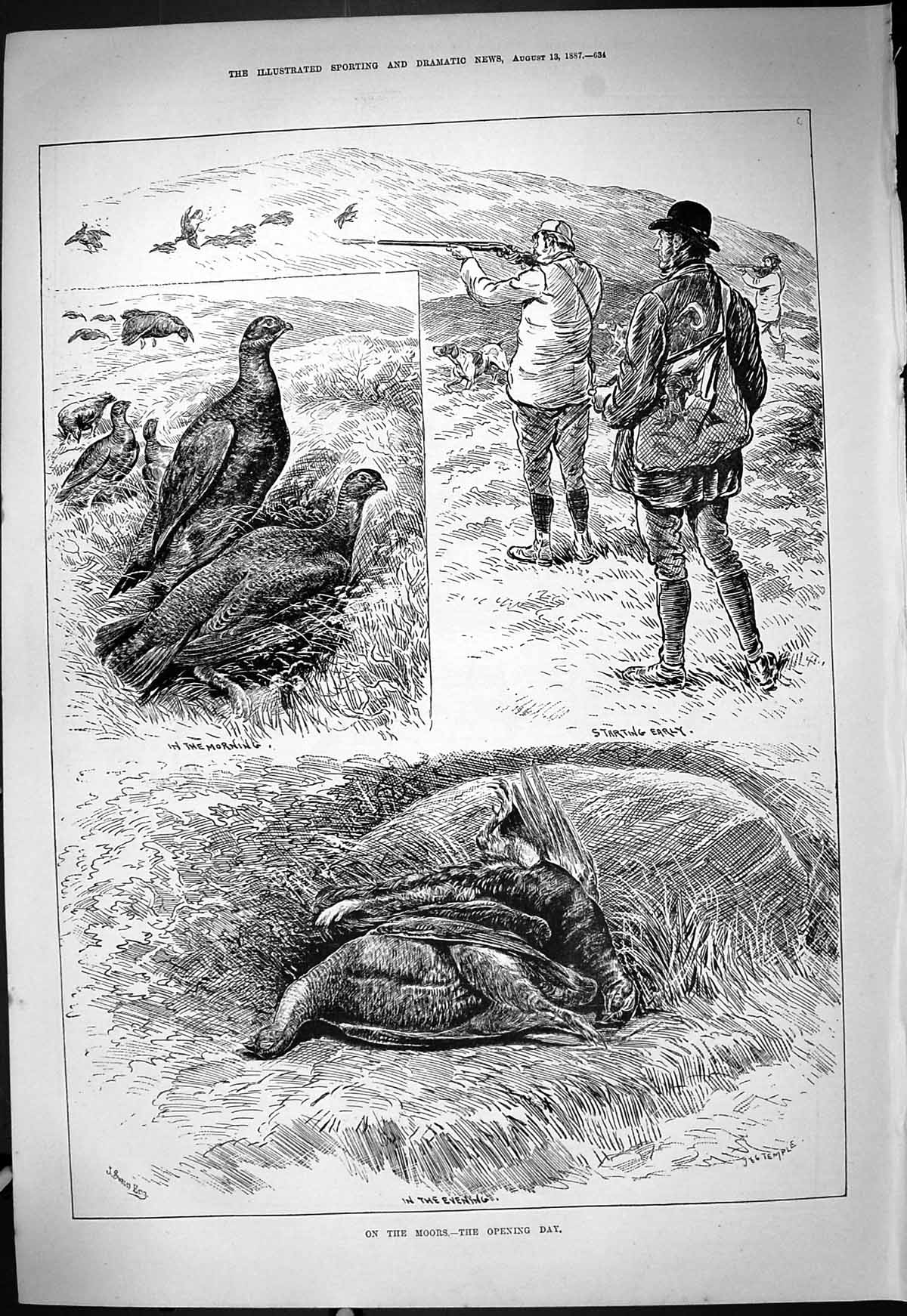 Original Old Antique Print 1887 Grouse Hunting Shooting Moors Sport Huntsmen
