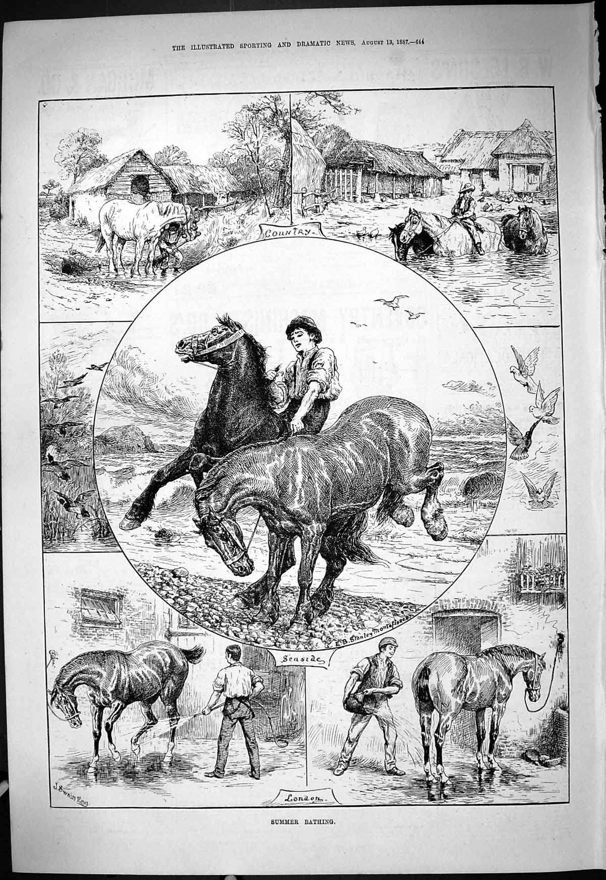 Antique Old Print 1887 Horses Summer Bathing Country Seaside London Washing
