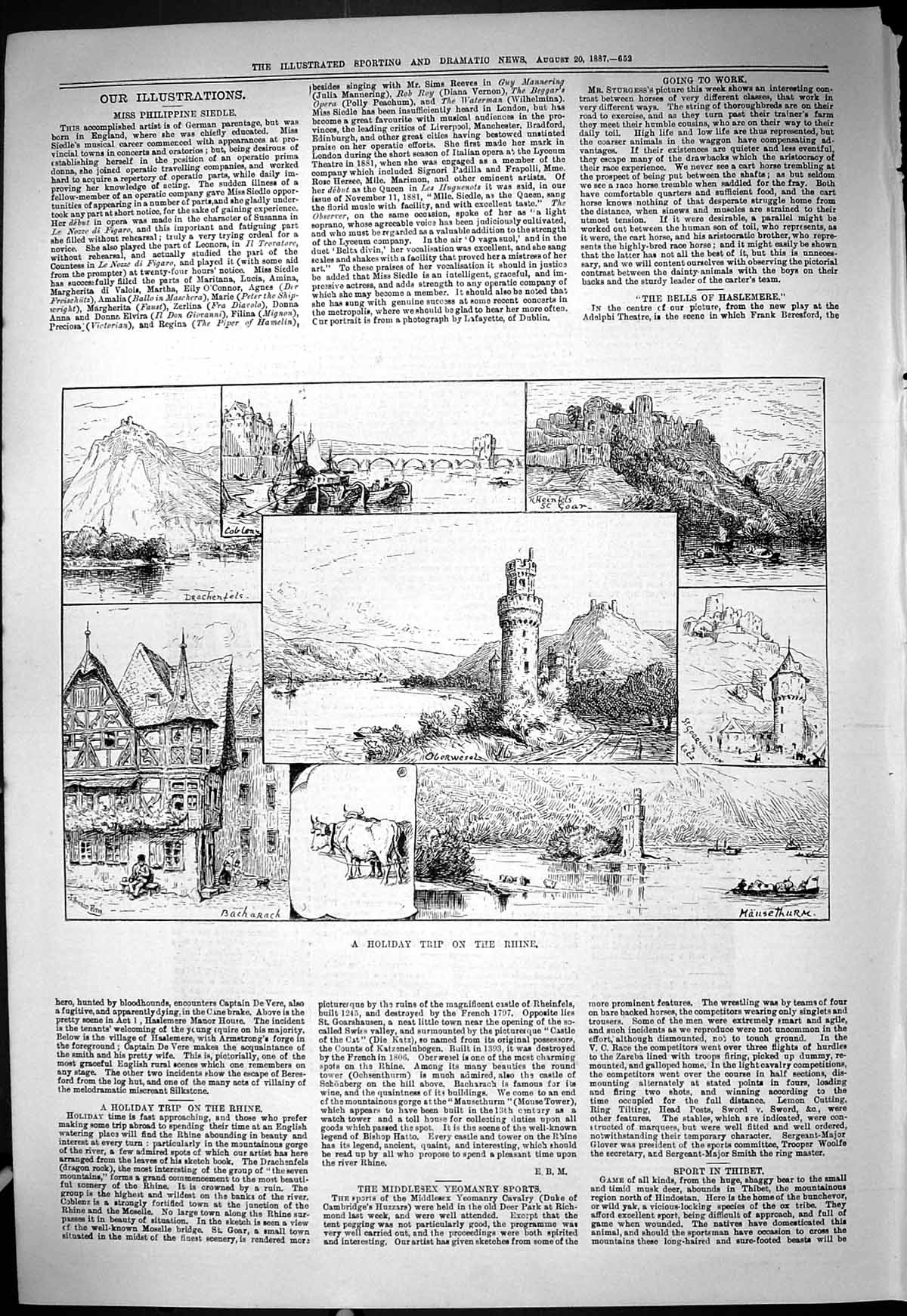 Antique Print 1887 Holiday Trip River Rhine Oberwesel Drachentels Bacharach