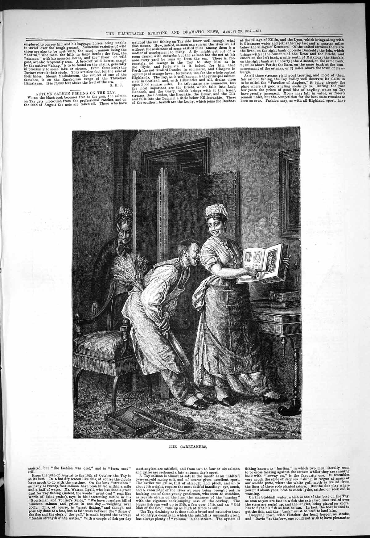 Old Antique Print 1887 Caretakers Cleaners Laughing Photo Album Man House 19th