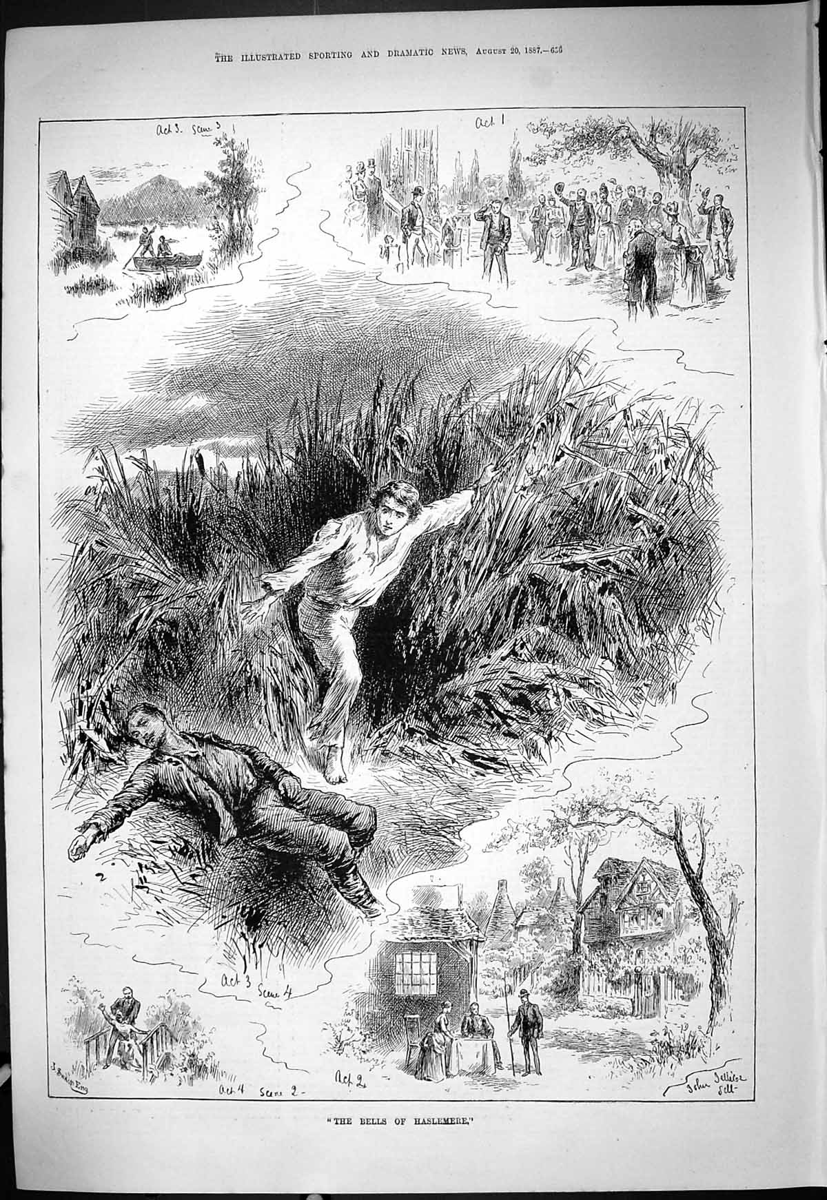 Original Old Antique Print Bells Haslemere Theatre Scenes Actors 1887 Victorian