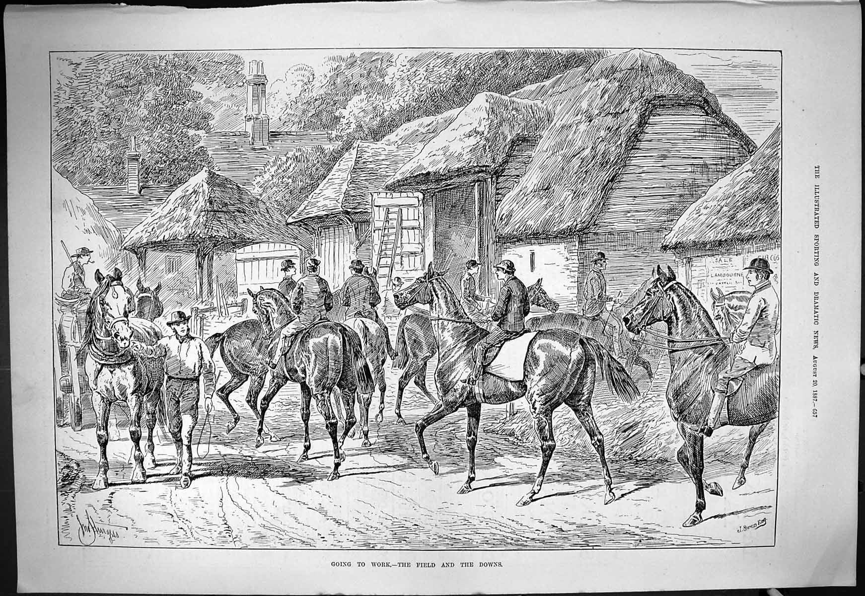 Antique Old Print 1887 Hunting Horses Going Work Field Downs Huntsmen Swain