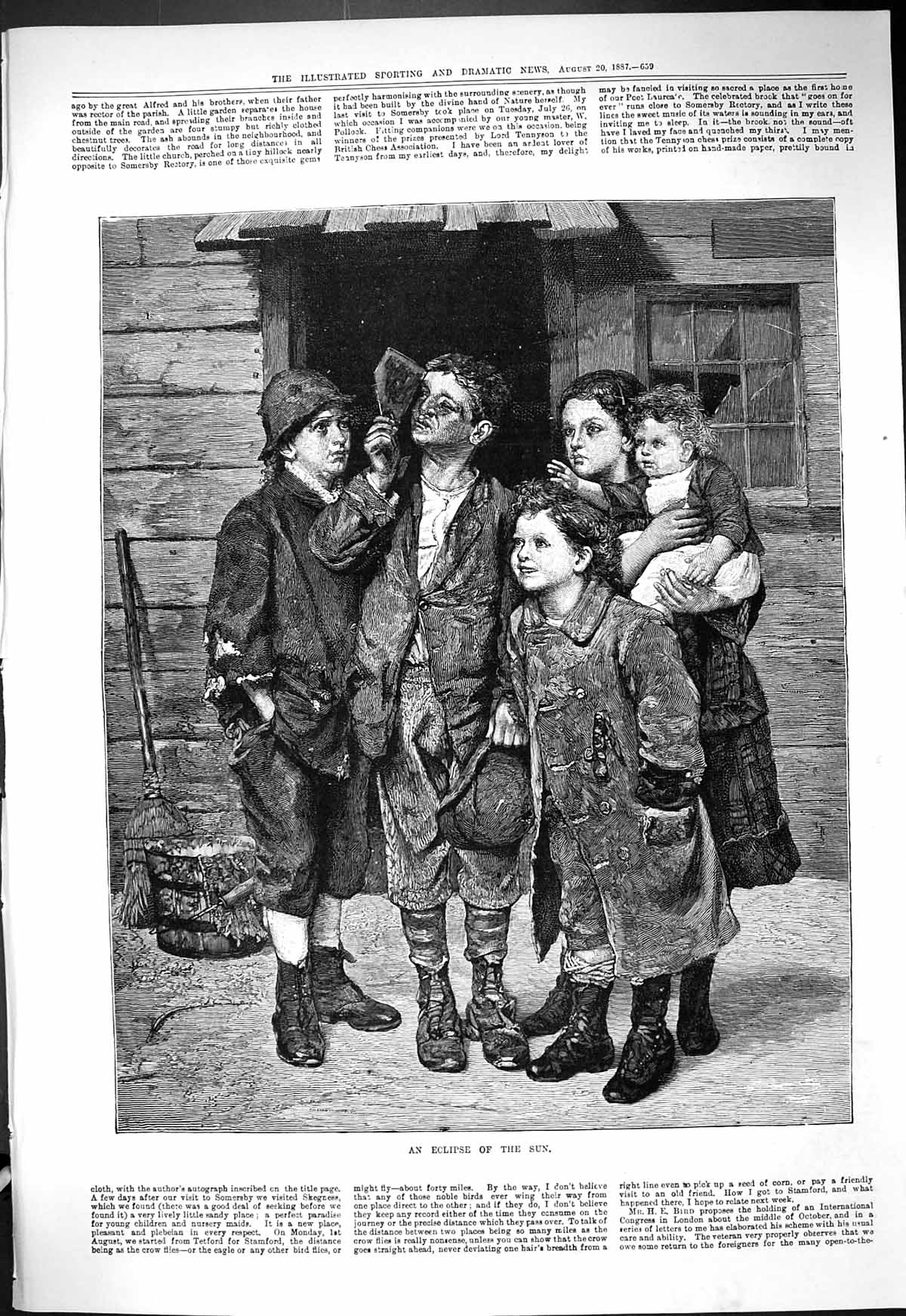 Original Old Antique Print 1887 Scene Children Watching Eclipse Sun Victorian