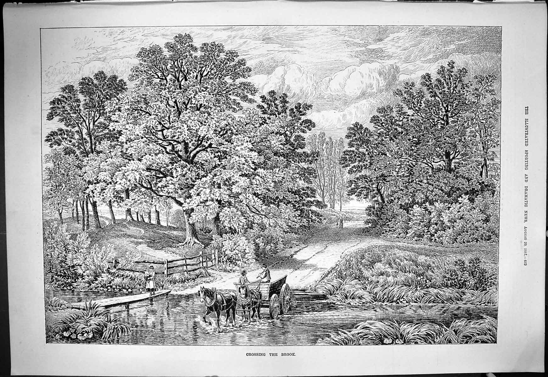 Antique Old Print Horses Cart Crossing Brook Foot Bridge Trees 1887 Landscape