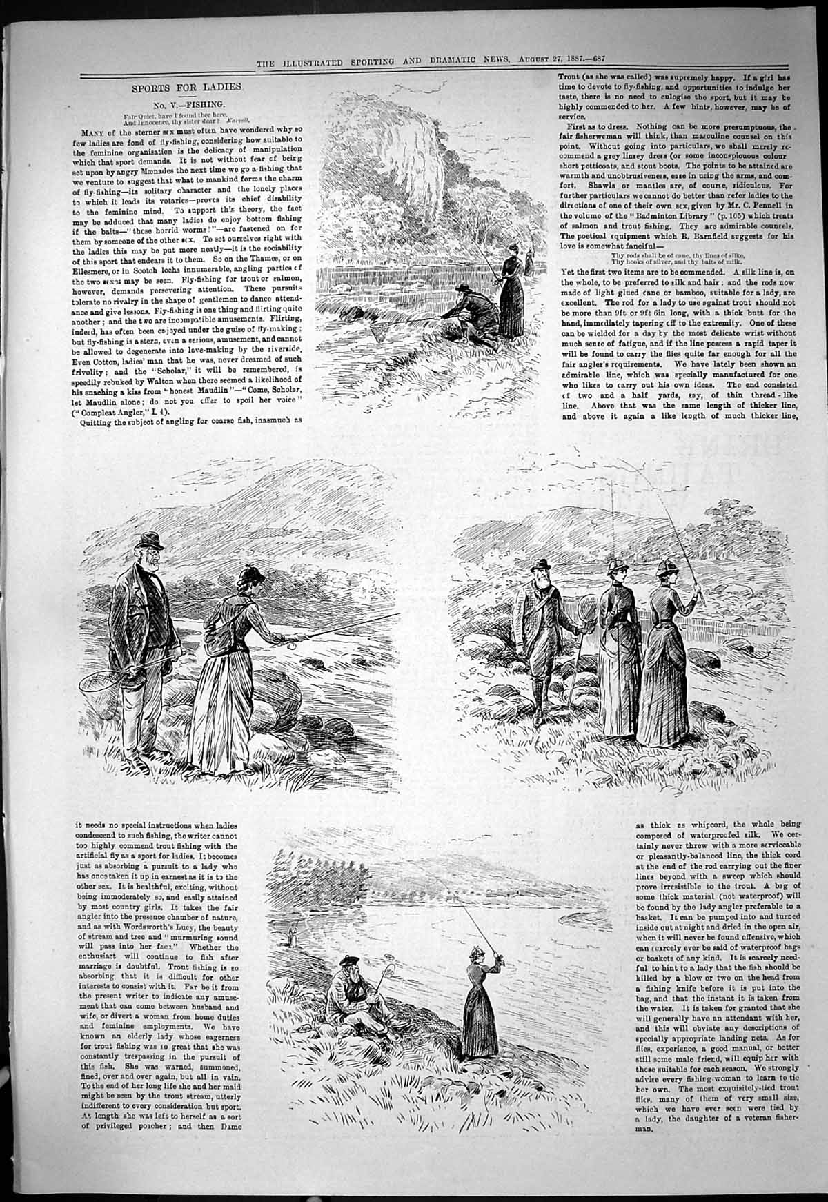 Original Old Antique Print Ladies Sport Fishing River Scene Angling 1887 19th