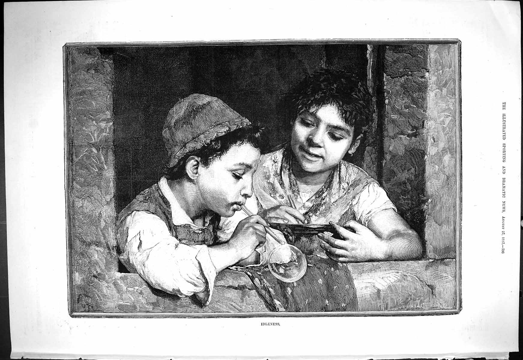 Original Old Antique Print Children Boy Girl Blowing Bubbles 1887 Idleness 19th