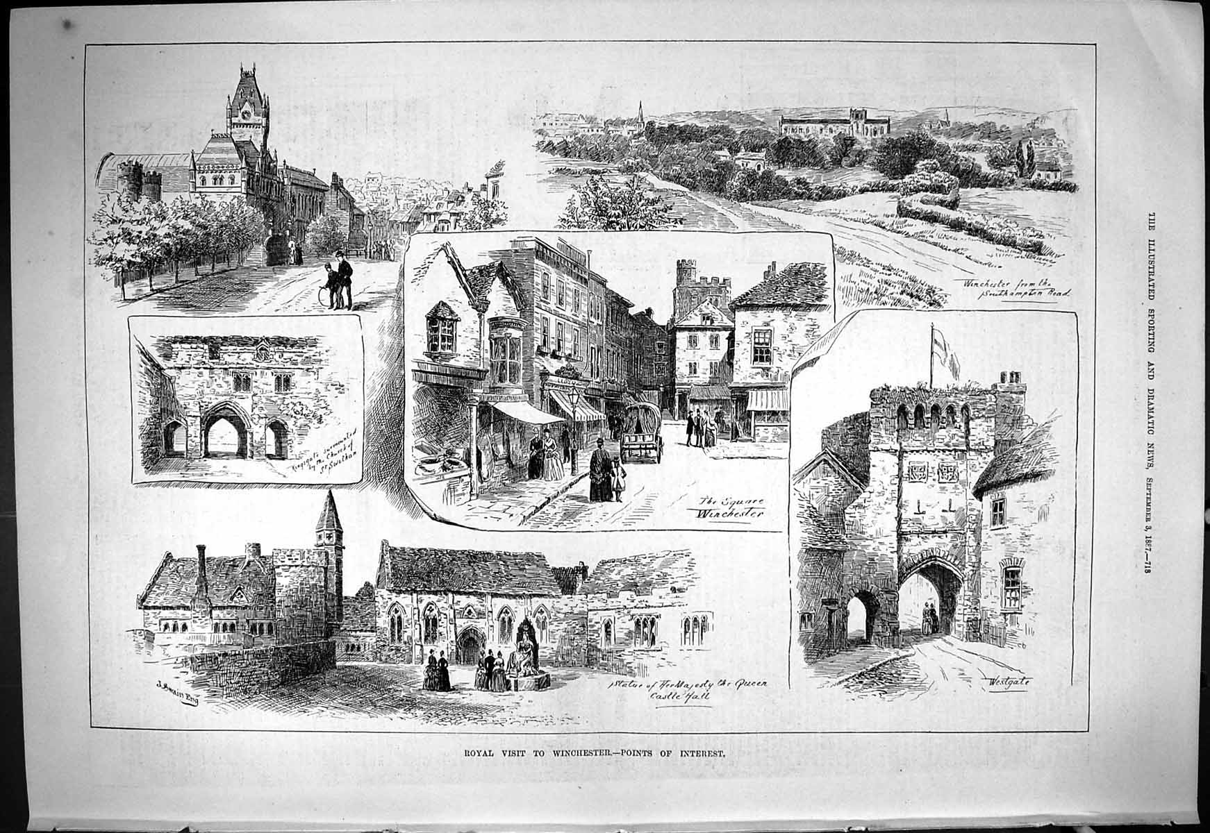 Old Print Royal Visit Winchester Castle Westgate Statue Queen 1887 Swain 19th