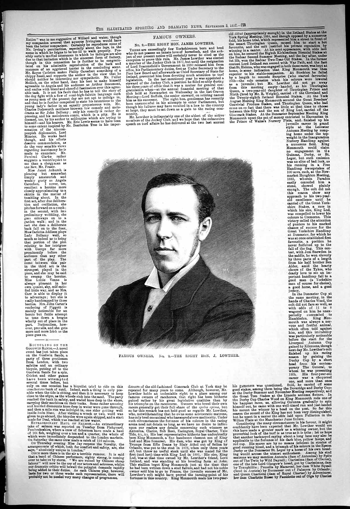 Original Old Antique Print 1887 Portrait Famous Horse Owner Mr James Lowther