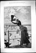 Antique Print 1887 Beach Seaside Scene Scheveningen Lady Waving Fan Romance