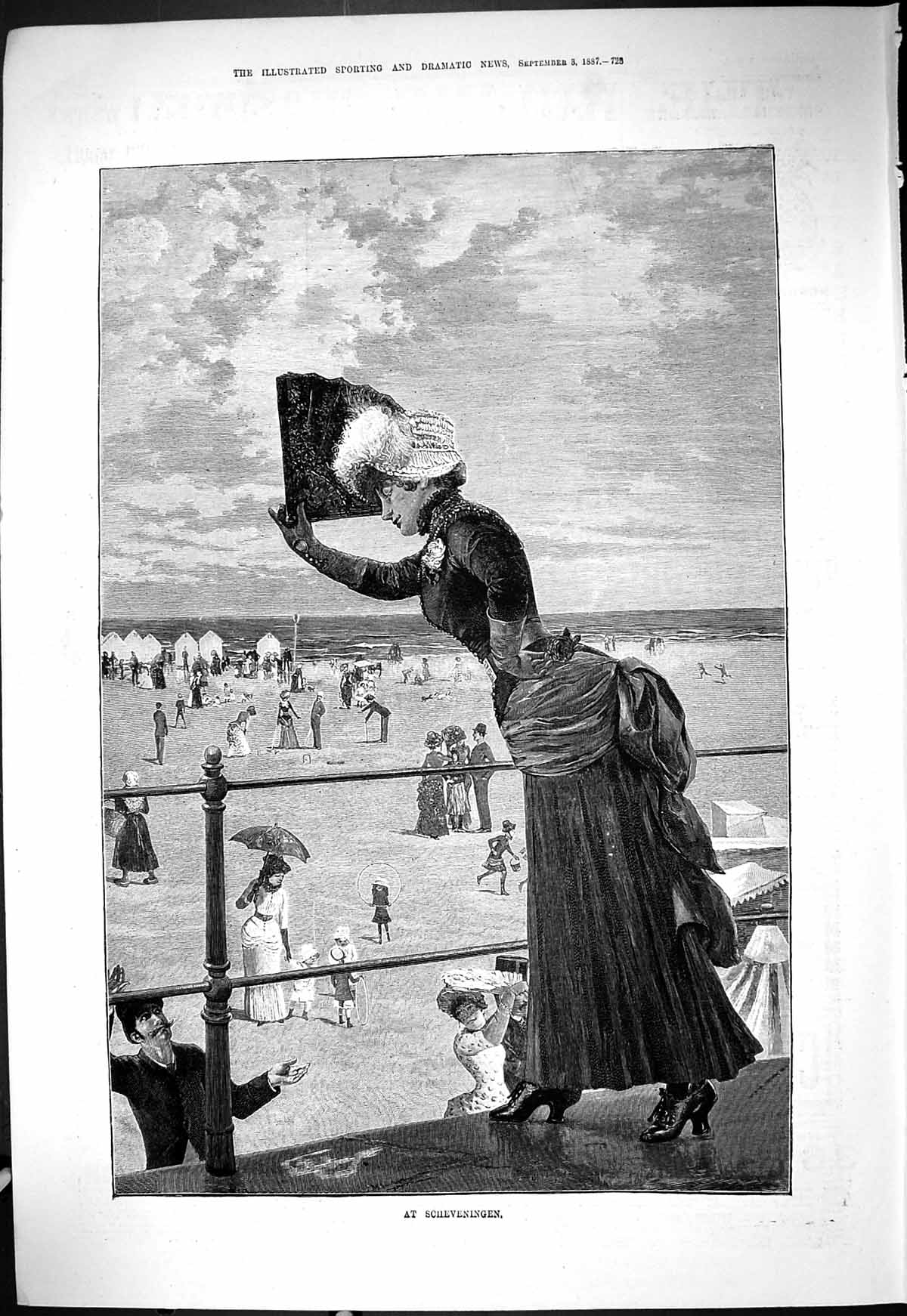 Antique Print 1887 Beach Seaside Scene Scheveningen Lady Waving Fan Romance