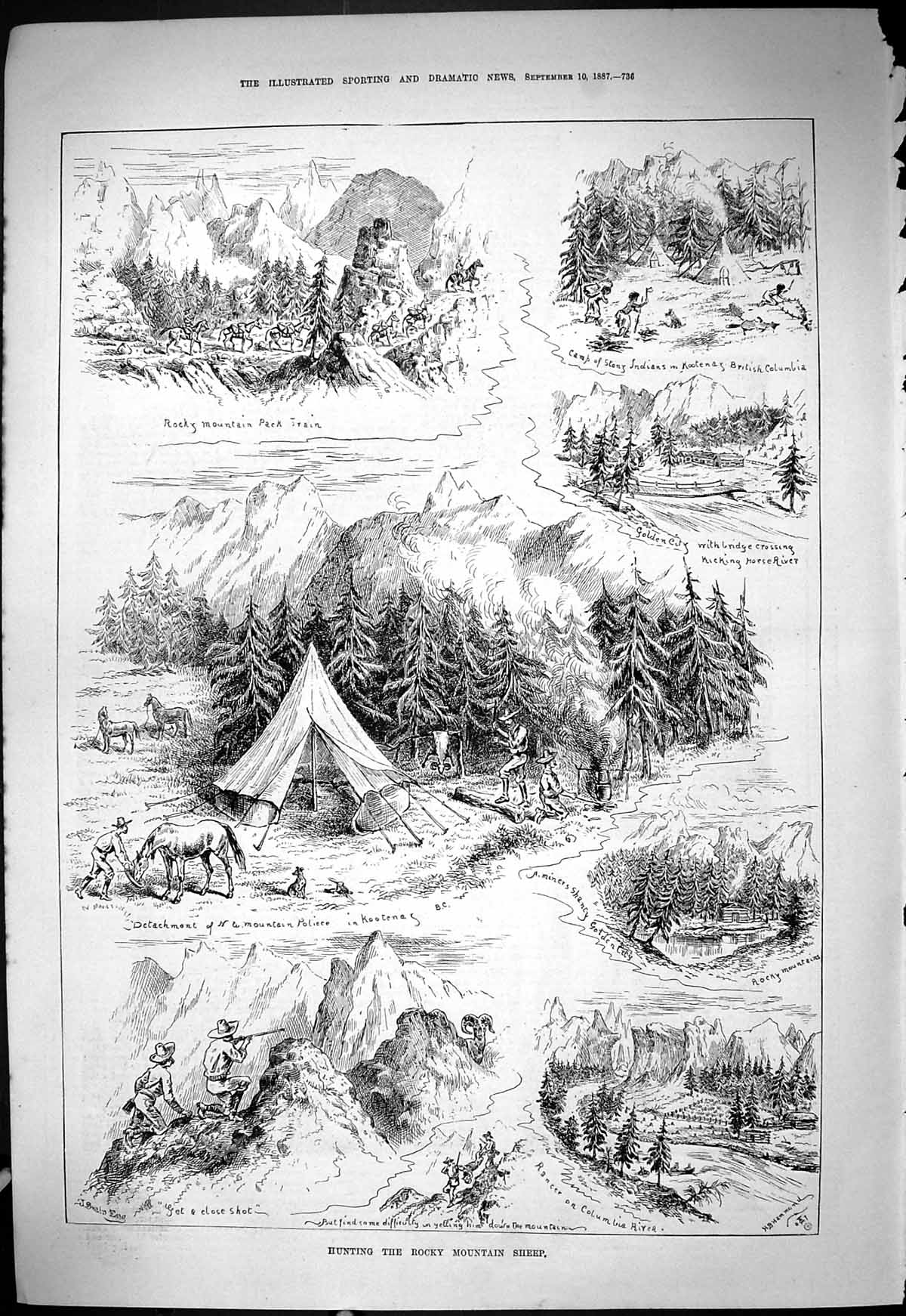 Antique Old Print Rocky Mountain Sheep Police Camp Indians Kootena River 1887
