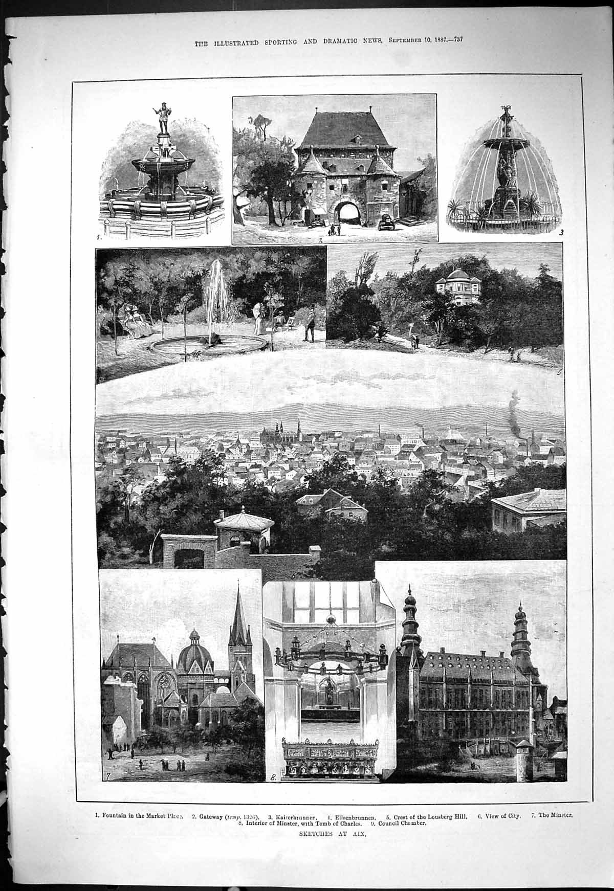 Antique Print Aix Fountain Market Kaiserbrunnen Elisenbrunnen Minster 1887 19th