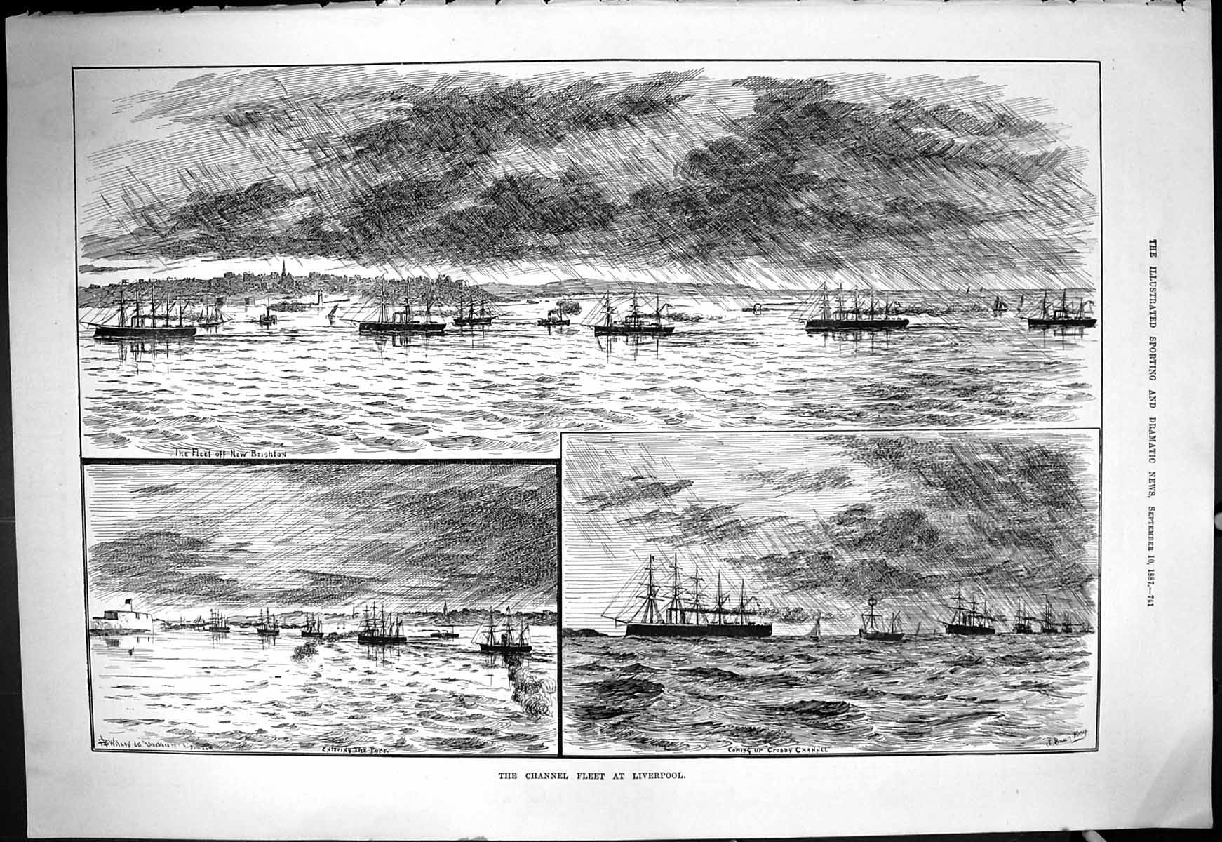 Antique Old Print Ships Channel Fleet Liverpool Crosby Brighton Swain 1887 19th