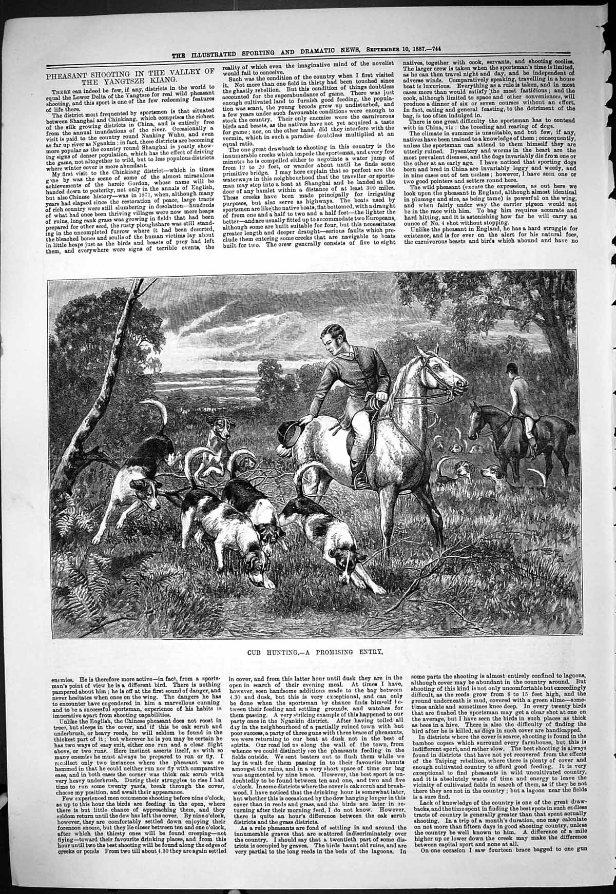 Old Antique Print 1887 Fox Cub Hunting Hounds Dogs Horses Huntsmen Sport 19th