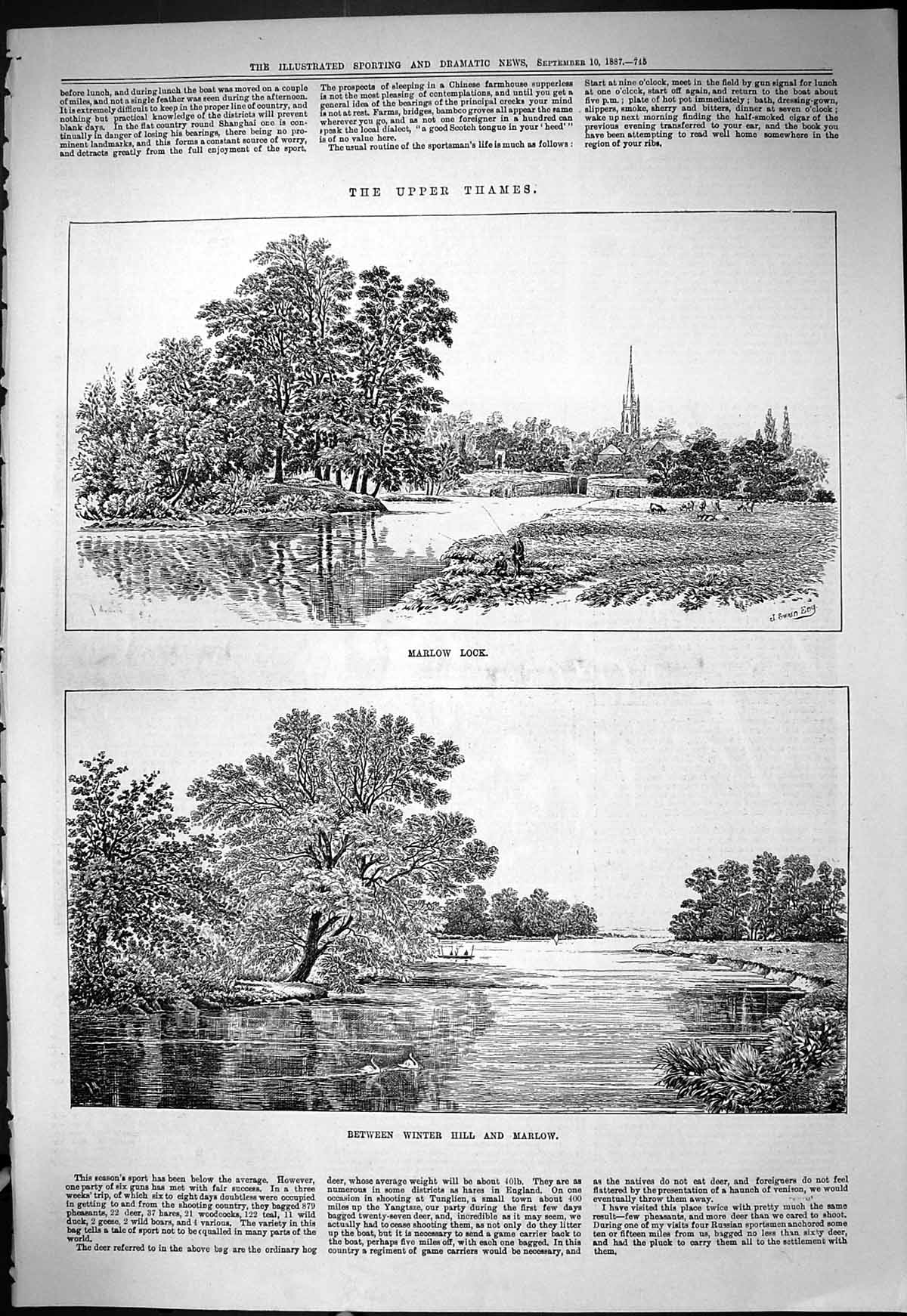 Antique Print Upper River Thames Marlow Lock Winter Hill Trees London 1887 19th