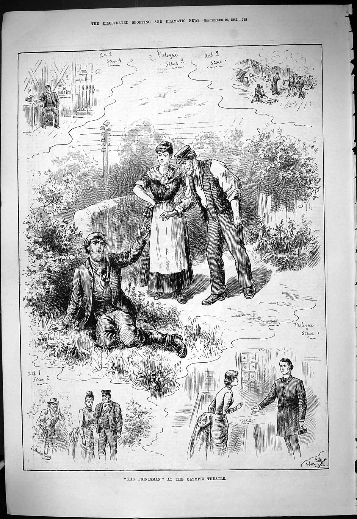 Original Old Antique Print Pointsman Olympic Theatre Actors 1887 Jellicoe Swain