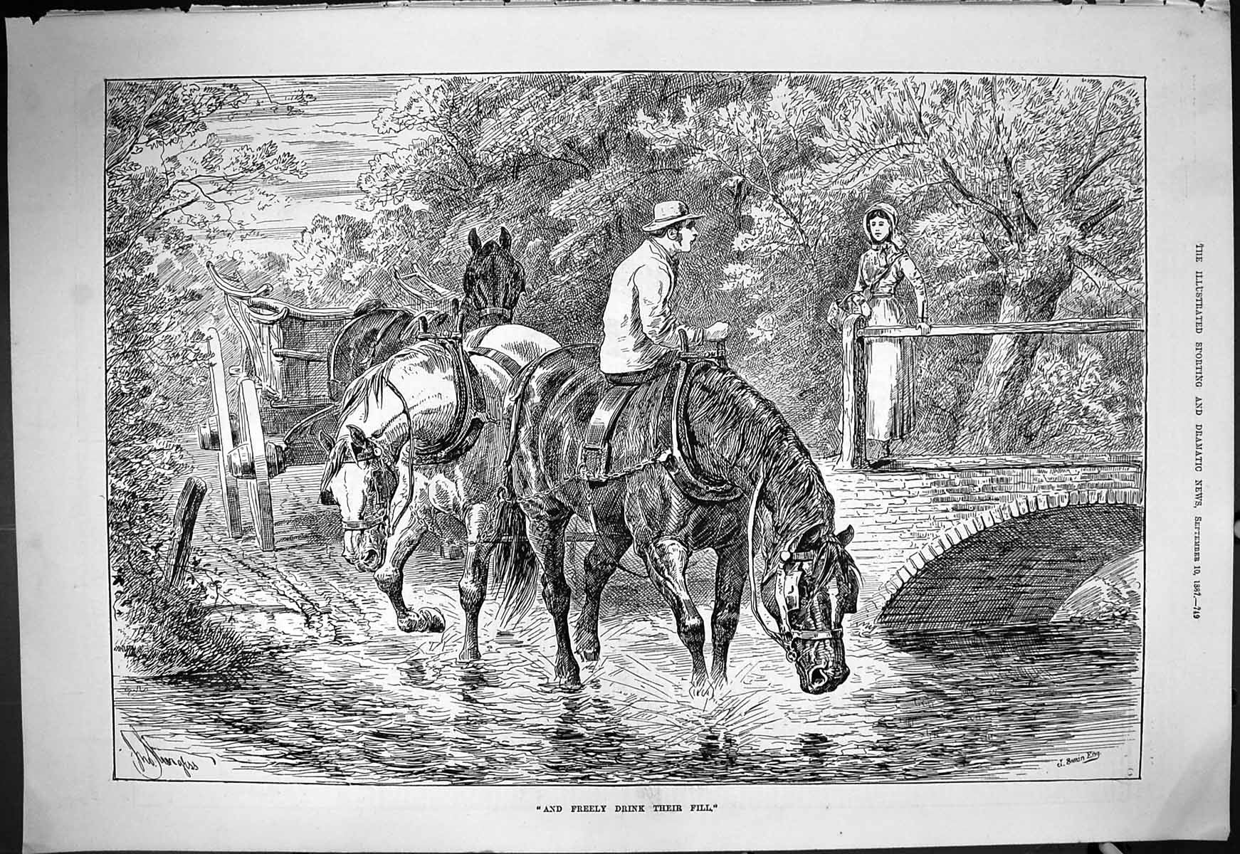 Antique Old Print Swain Horses Coaching Drinking Stream Bridge Transport 1887