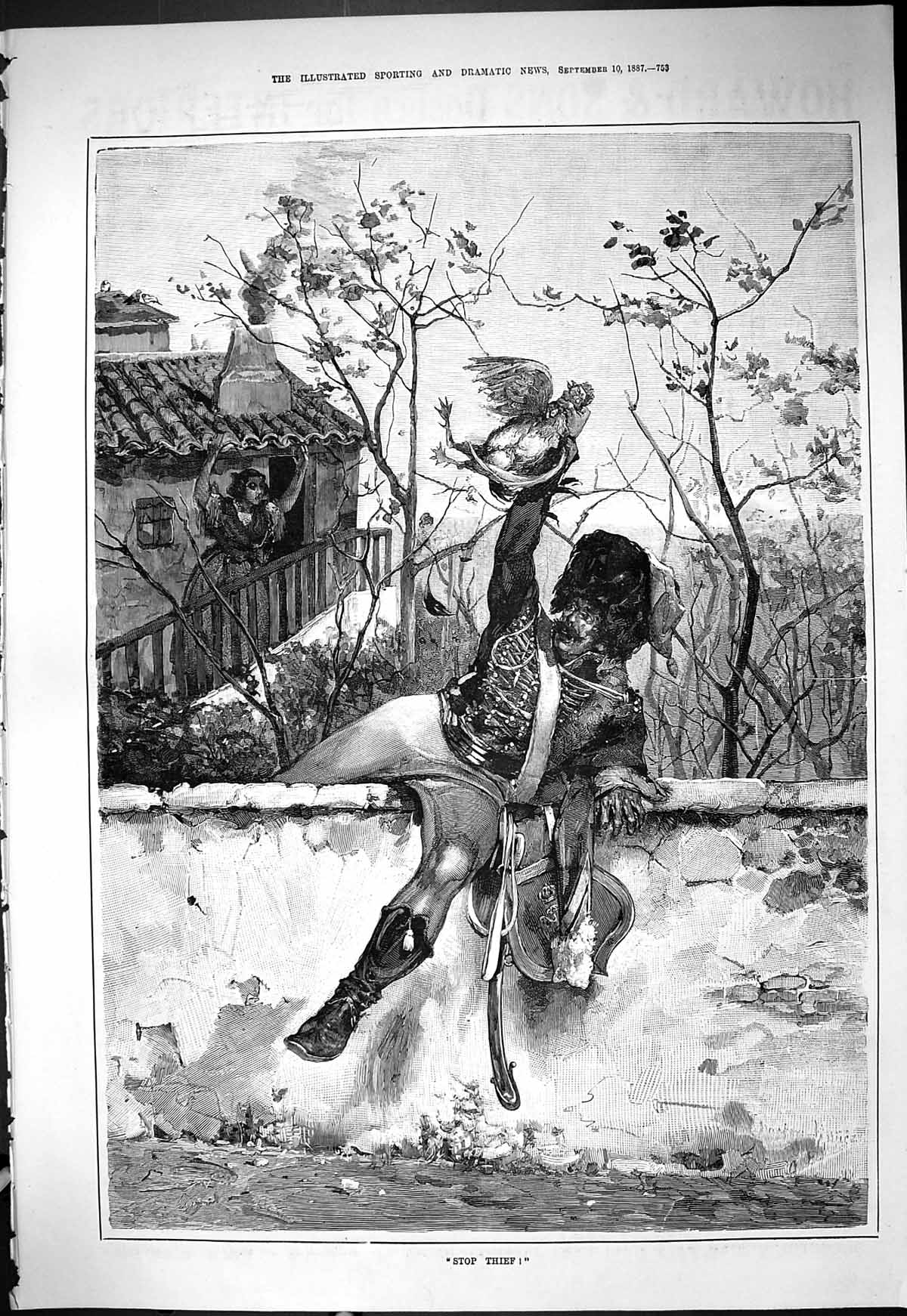 Old Print 1887 War Cossack Stealing Chicken Thief Captious Critic Theatre 19th