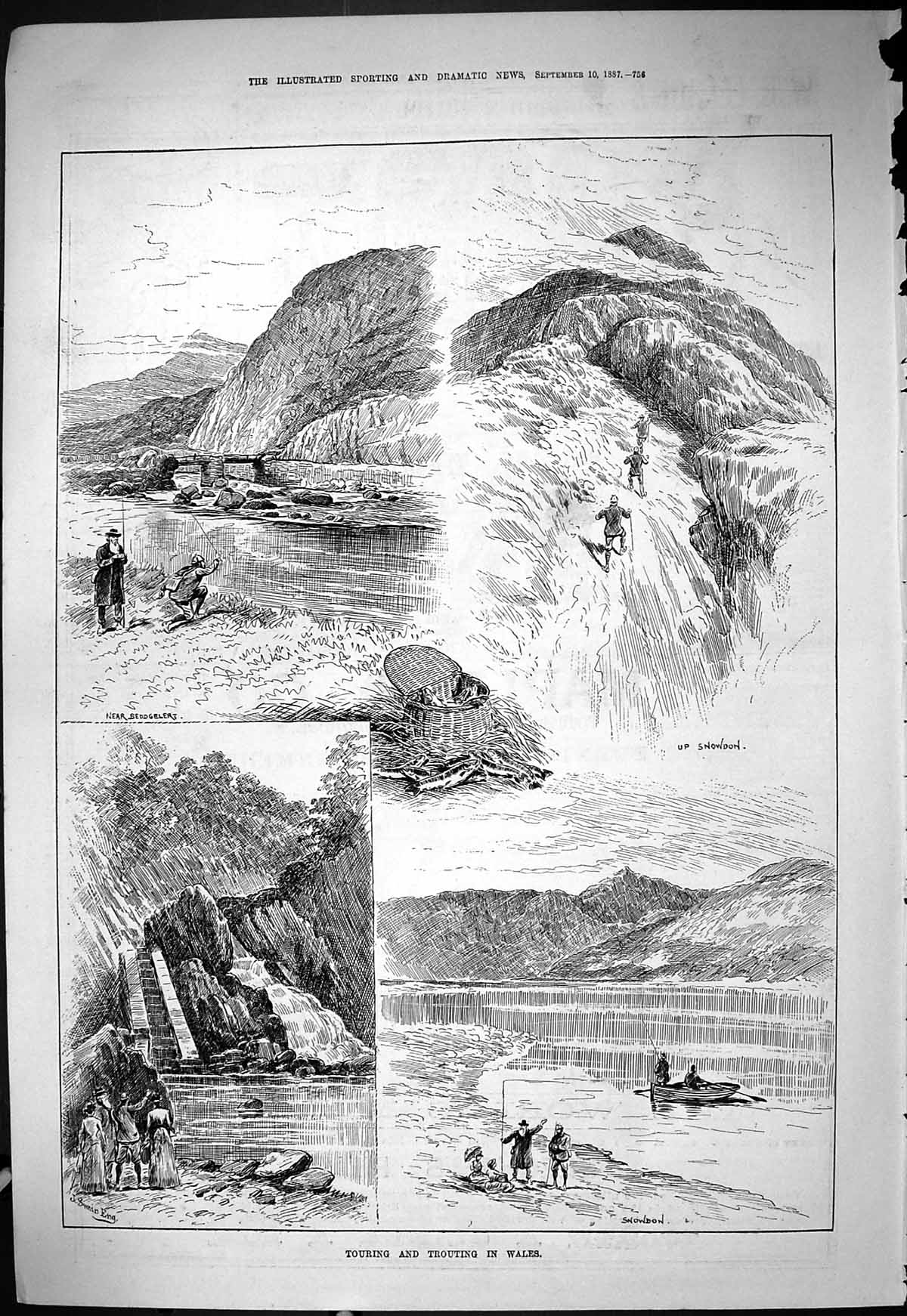 Old Print Touring Wales Fishing Snowdon Beddgelert Angling Fishermen 1887 19th