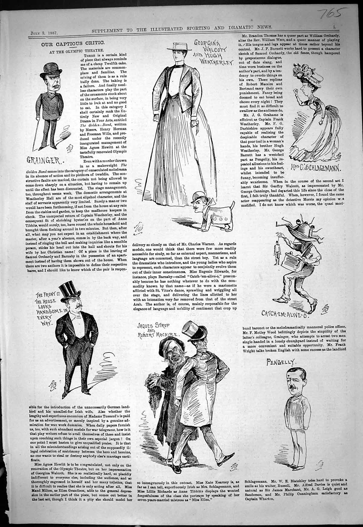 Old Print Theatre Captious Critic Olympic Grainger Walcott Pengelly 1887 19th