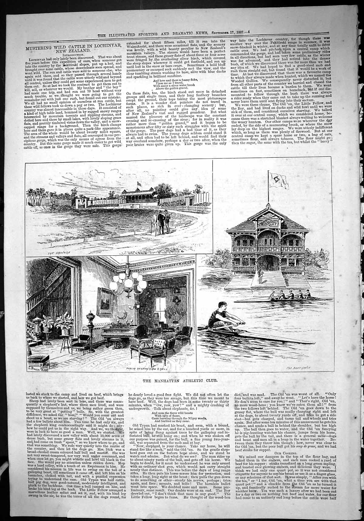 Antique Old Print 1887 Manhattan Athletic Club Boat House Reading Room Hall