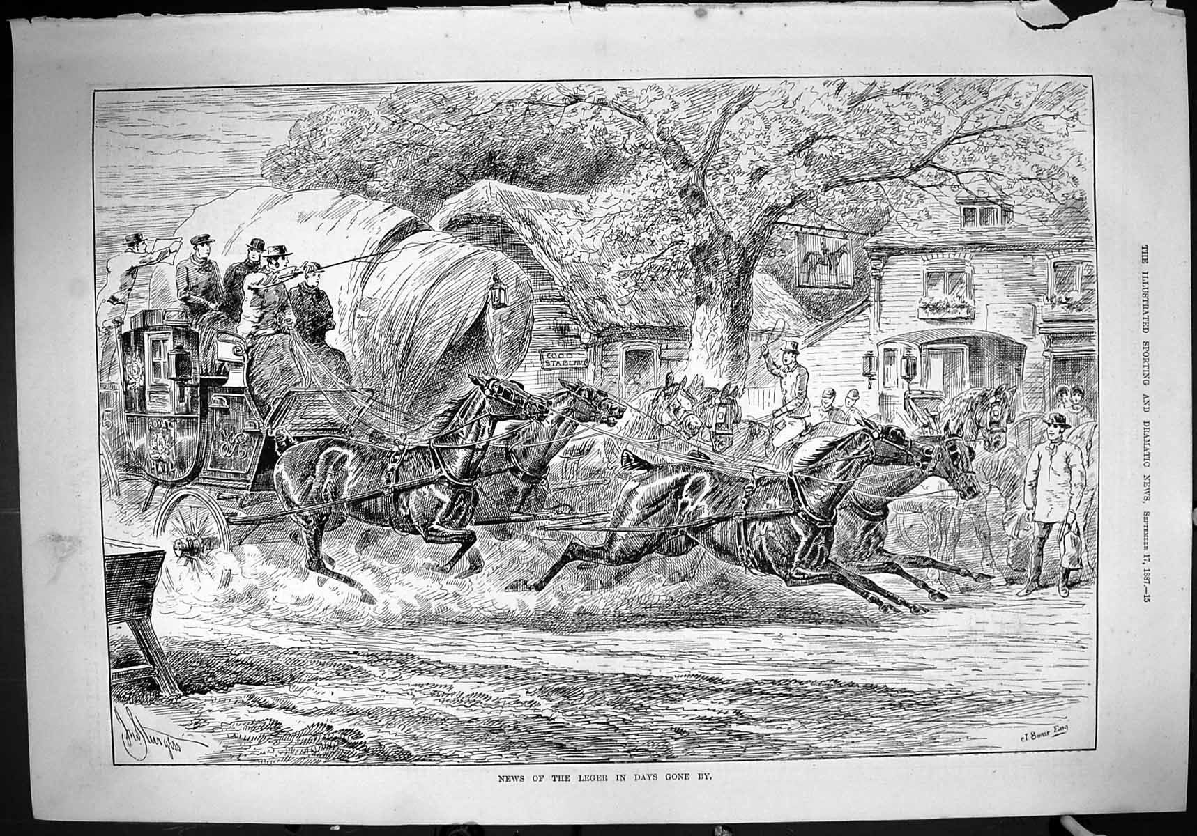 Original Old Antique Print 1887 News Leger Horse Racing Carriage Street Scene