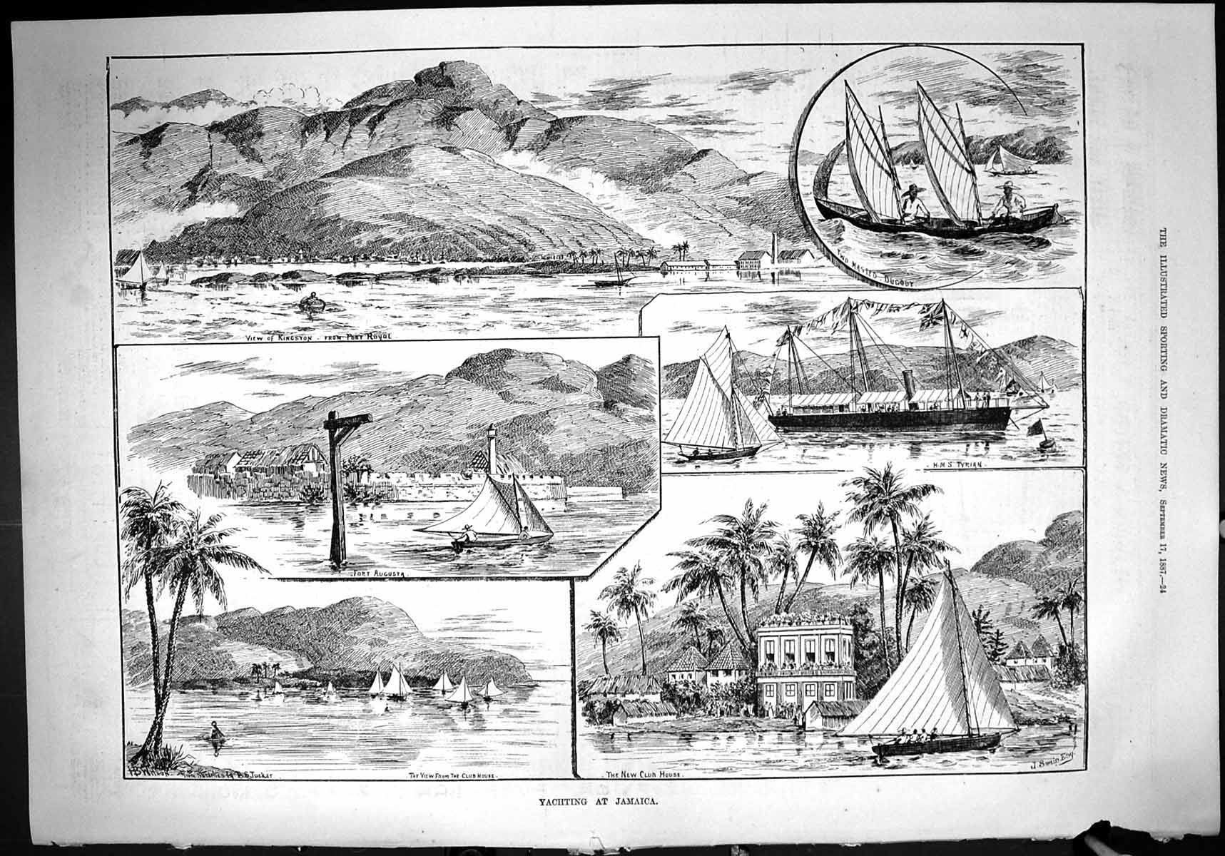 Old 1887 Yachting Jamaica Kingston Ship Tyrian Fort Augusta Club Hous Victorian