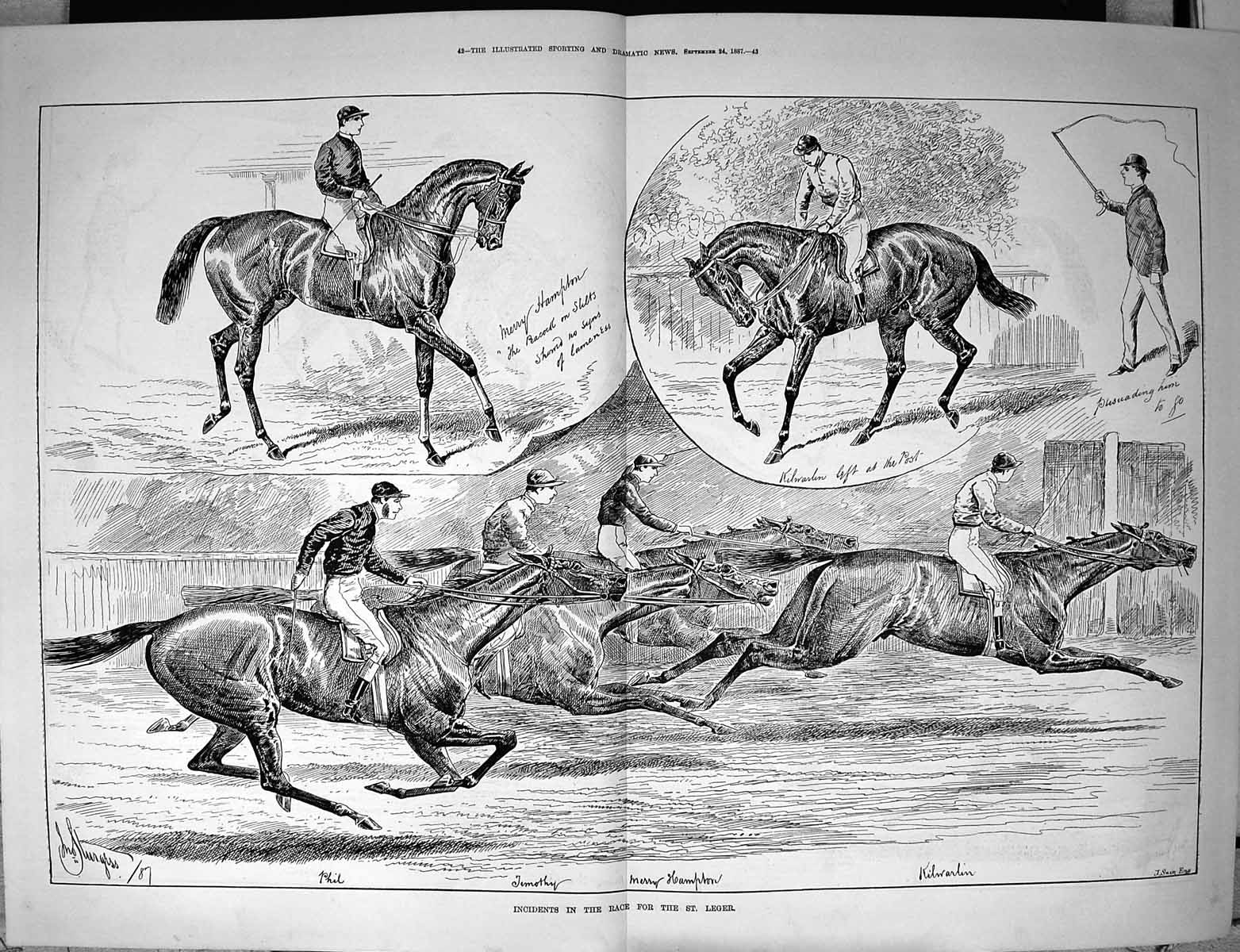 Old Print 1887 Incidents Horse Race Leger Phil Timothy Hampton Kilrardin 0 19th