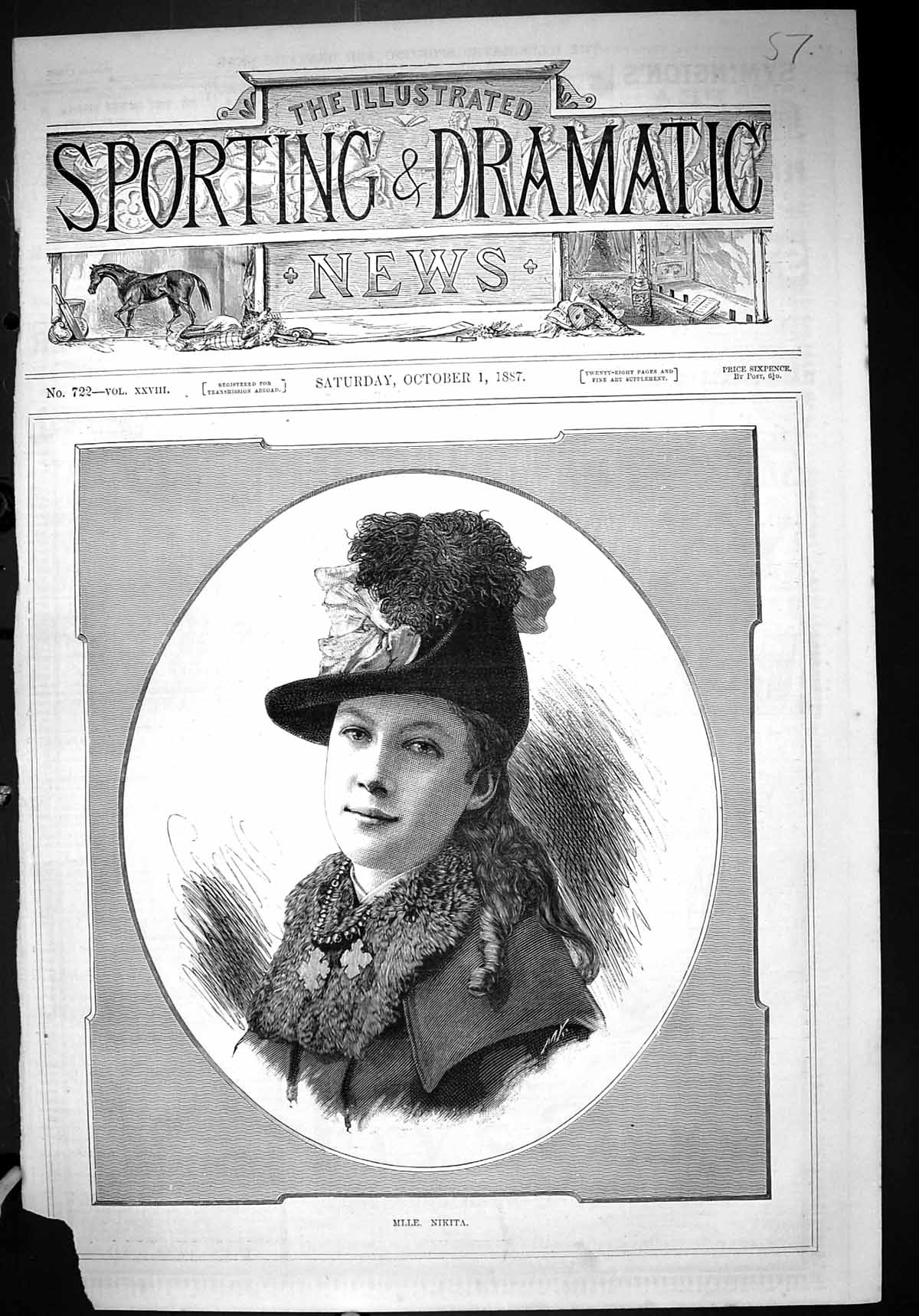Original Old Antique Print 1887 Portrait Mlle. Nikita Beautiful Woman Victorian