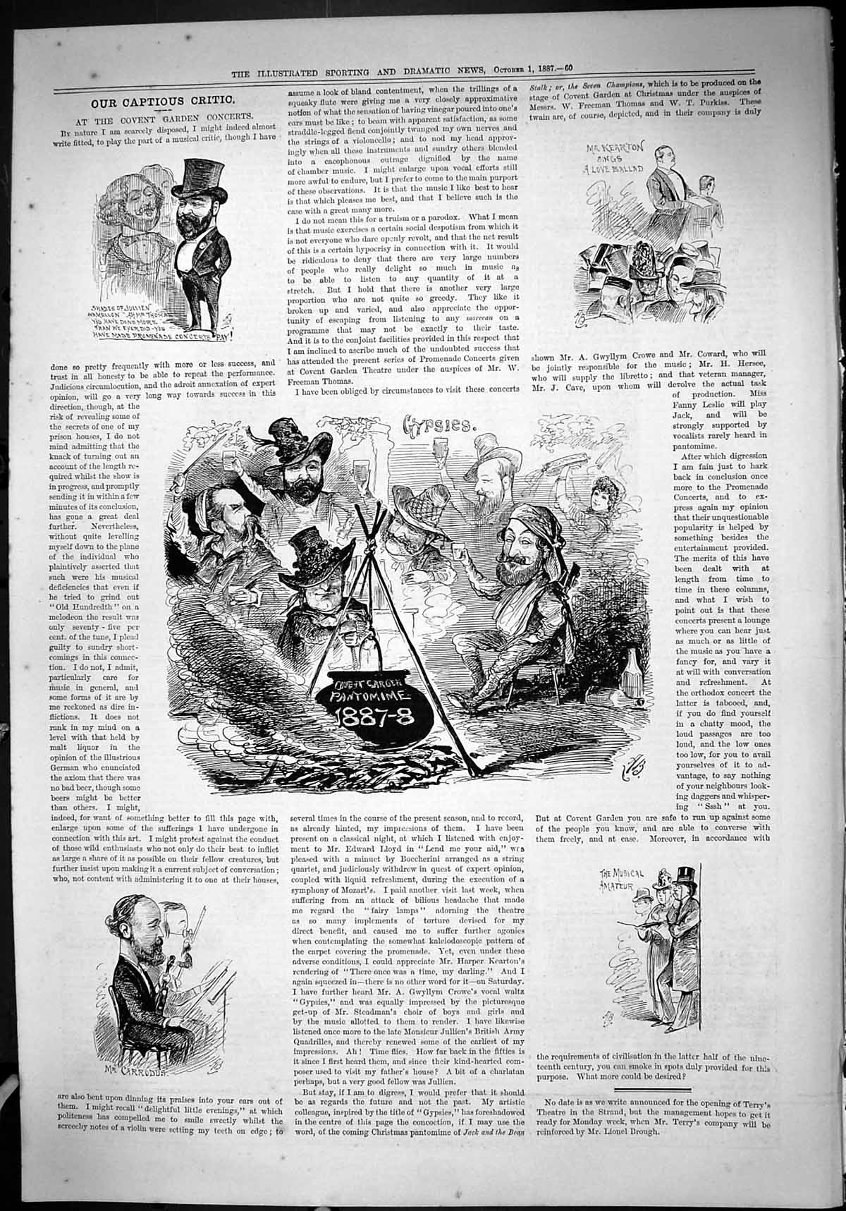 Original Old Antique Print 1887 Theatre Critic Covent Garden Pantomime Carrodus
