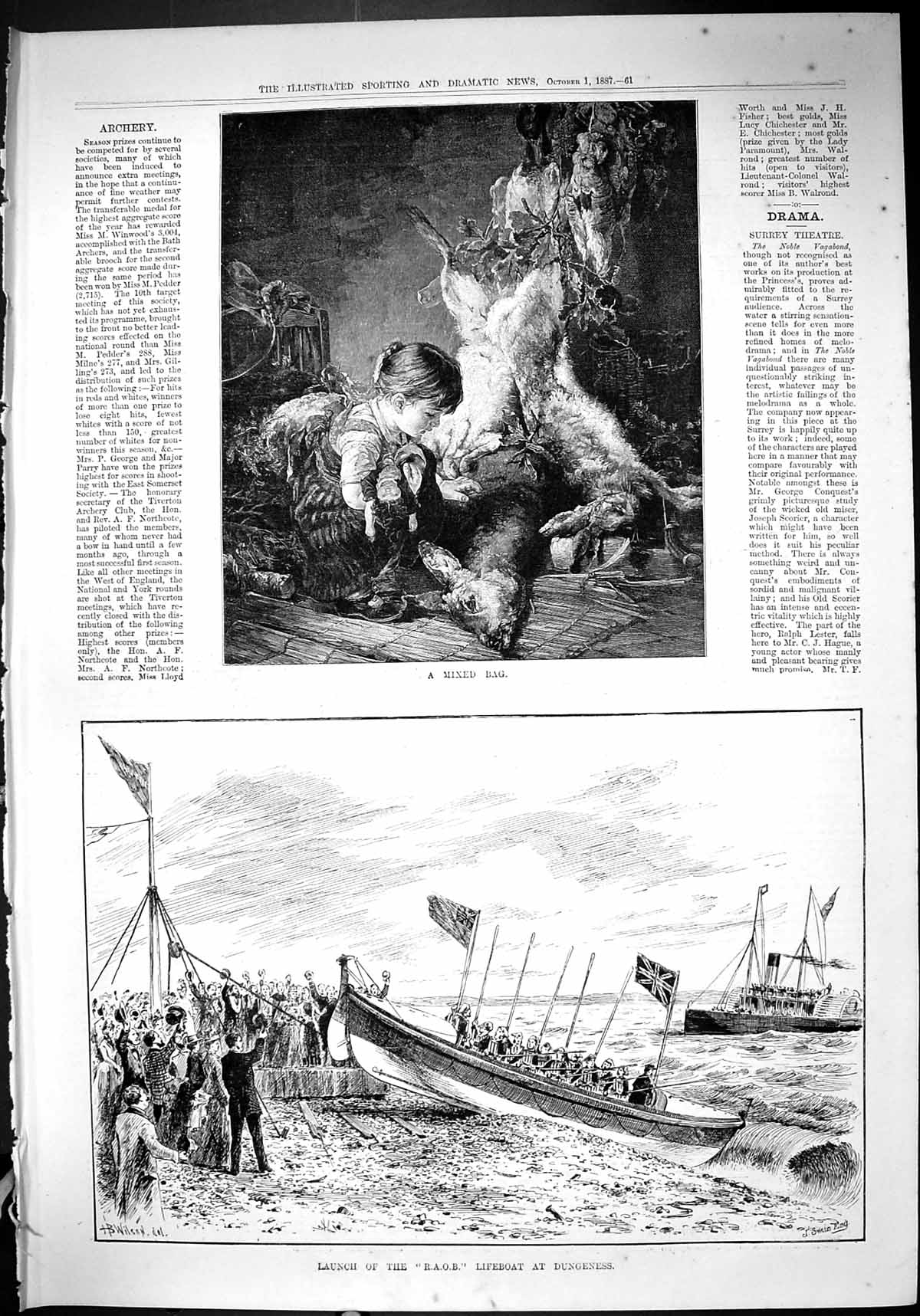 Antique Print 1887 Mixed Bay Child Dead Animals Launch R.A.O.B. Lifeboat Du