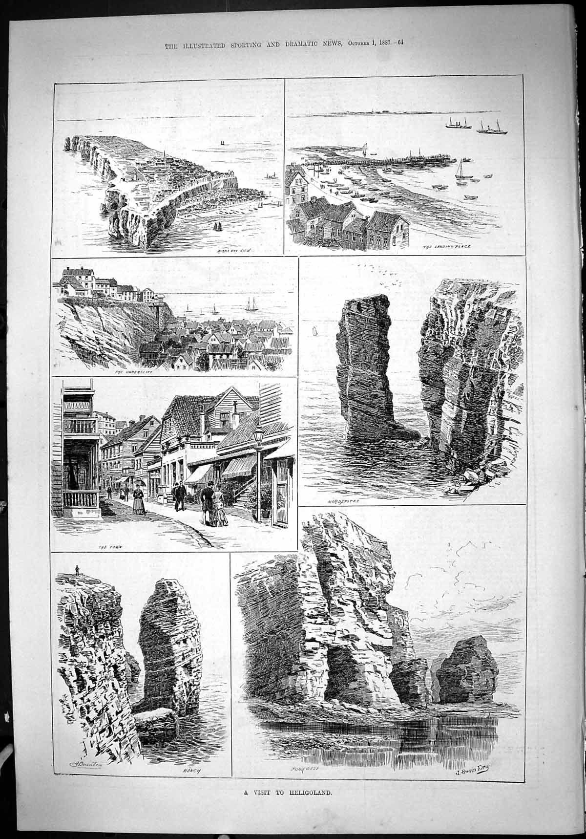 Original Old Antique Print 1887 Heligoland Nordspitze Monch Cliffs Scene Town