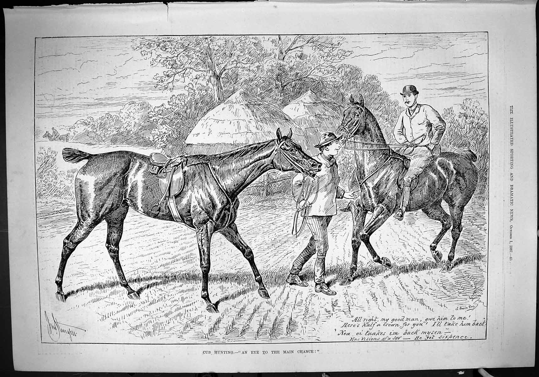 Original Old Antique Print 1887 Fox Cub Hunting Horses Huntsmen Sport Swain