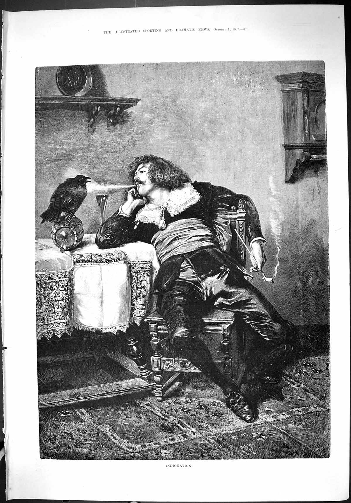 Antique Old Print 1887 Indignation Man Smoking Pipe Blowing Smoke Black Bird