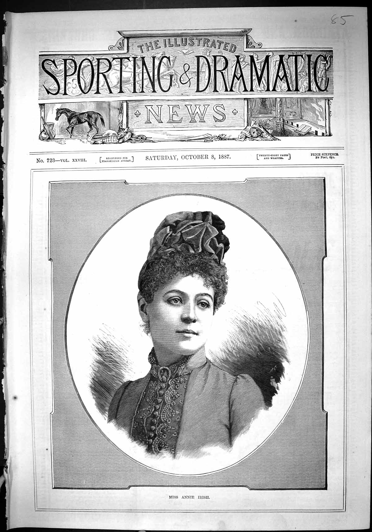 Original Old Antique Print 1887 Portrait Miss Annie Irish Beautiful Woman 19th