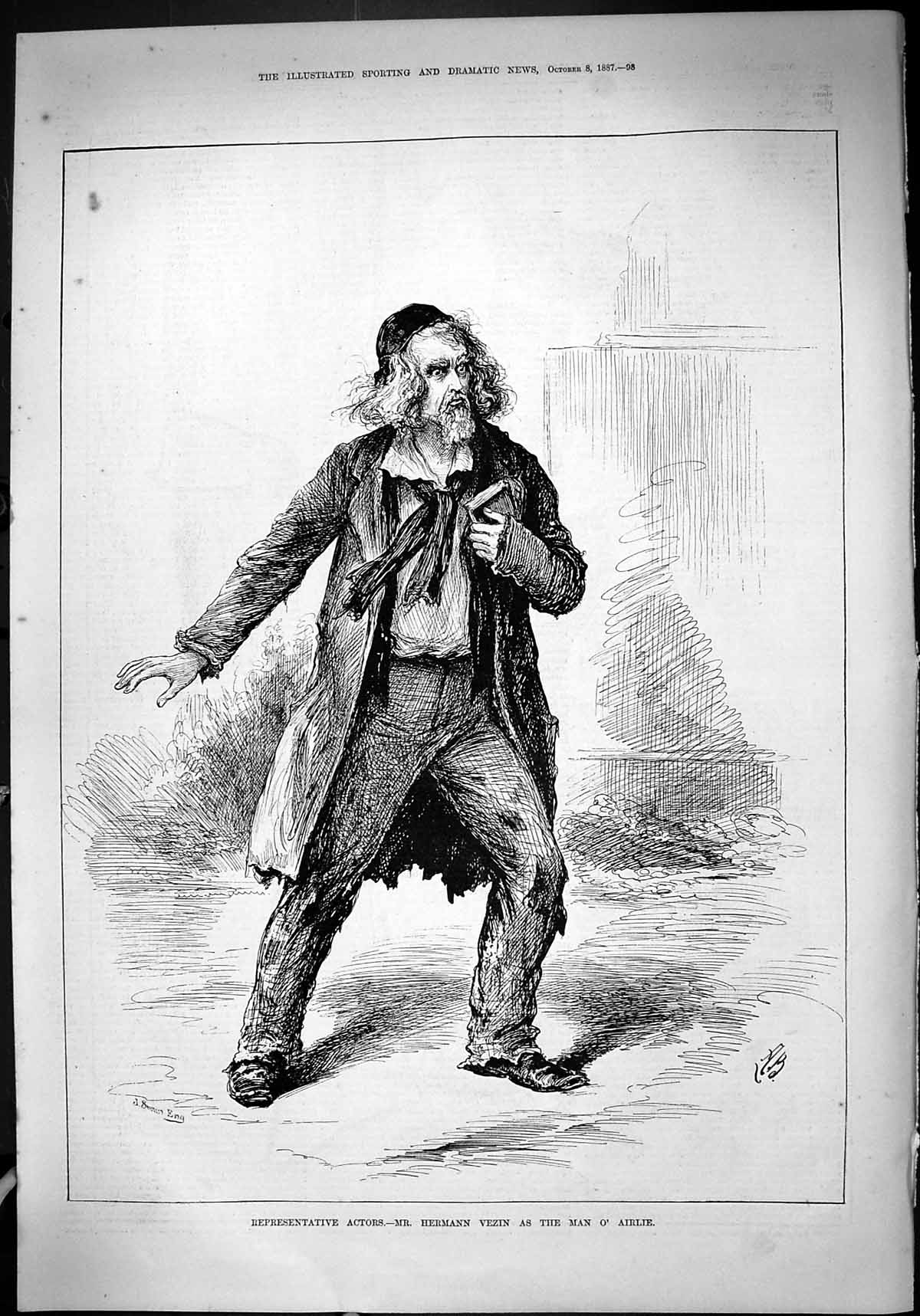 Antique Old Print 1887 Representative Actor Mr Hermann Vezin Man O' Airlie 19th