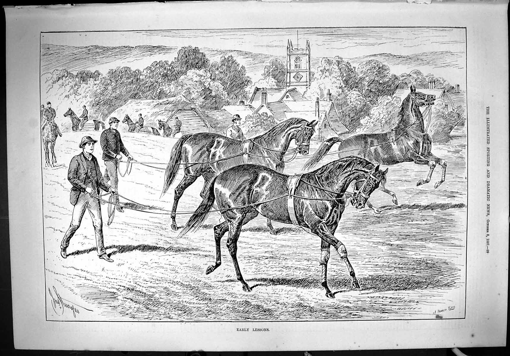 Original Old Antique Print 1887 Early Lessons Horses Training Trainers Jockeys