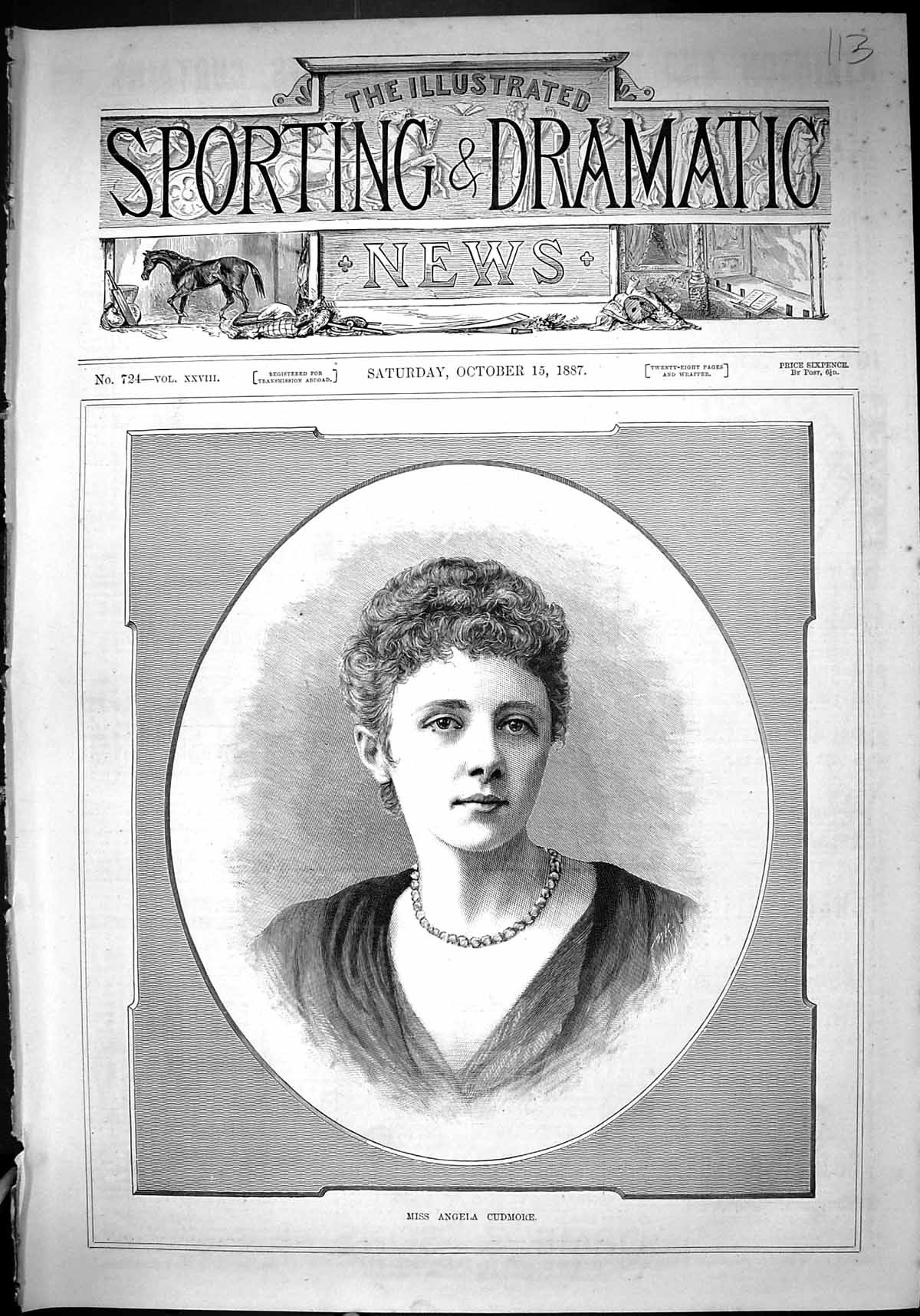 Original Old Antique Print Portrait Miss Angela Cudmore Beautiful Woman 1887