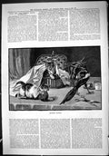 Old Antique Print 1887 Mischief Makers Kittens Cat Wool Basket Black Bird 19th