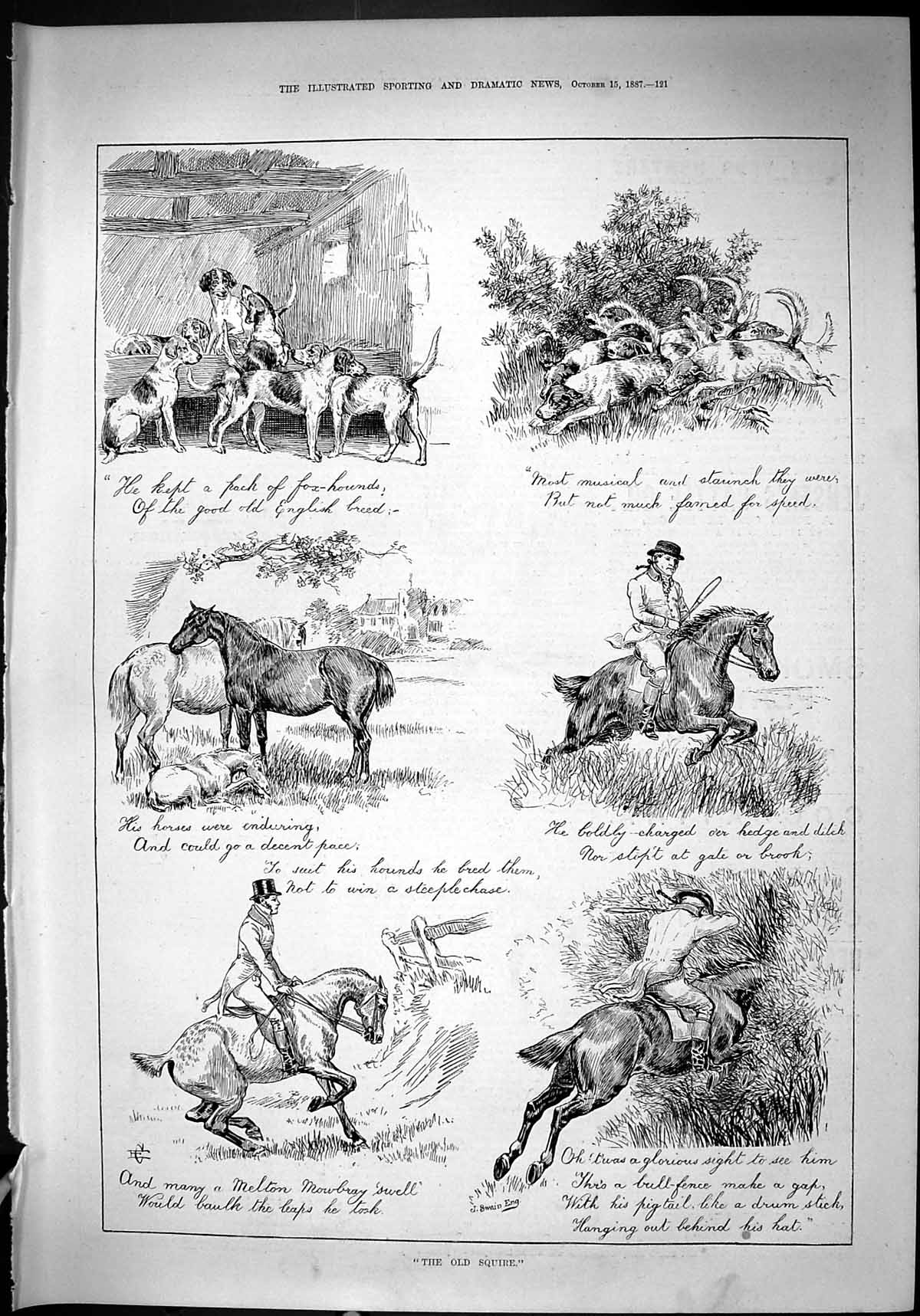 Original Old Antique Print 1887 Squire Hounds Dogs Horses Jumping Hedge 19th