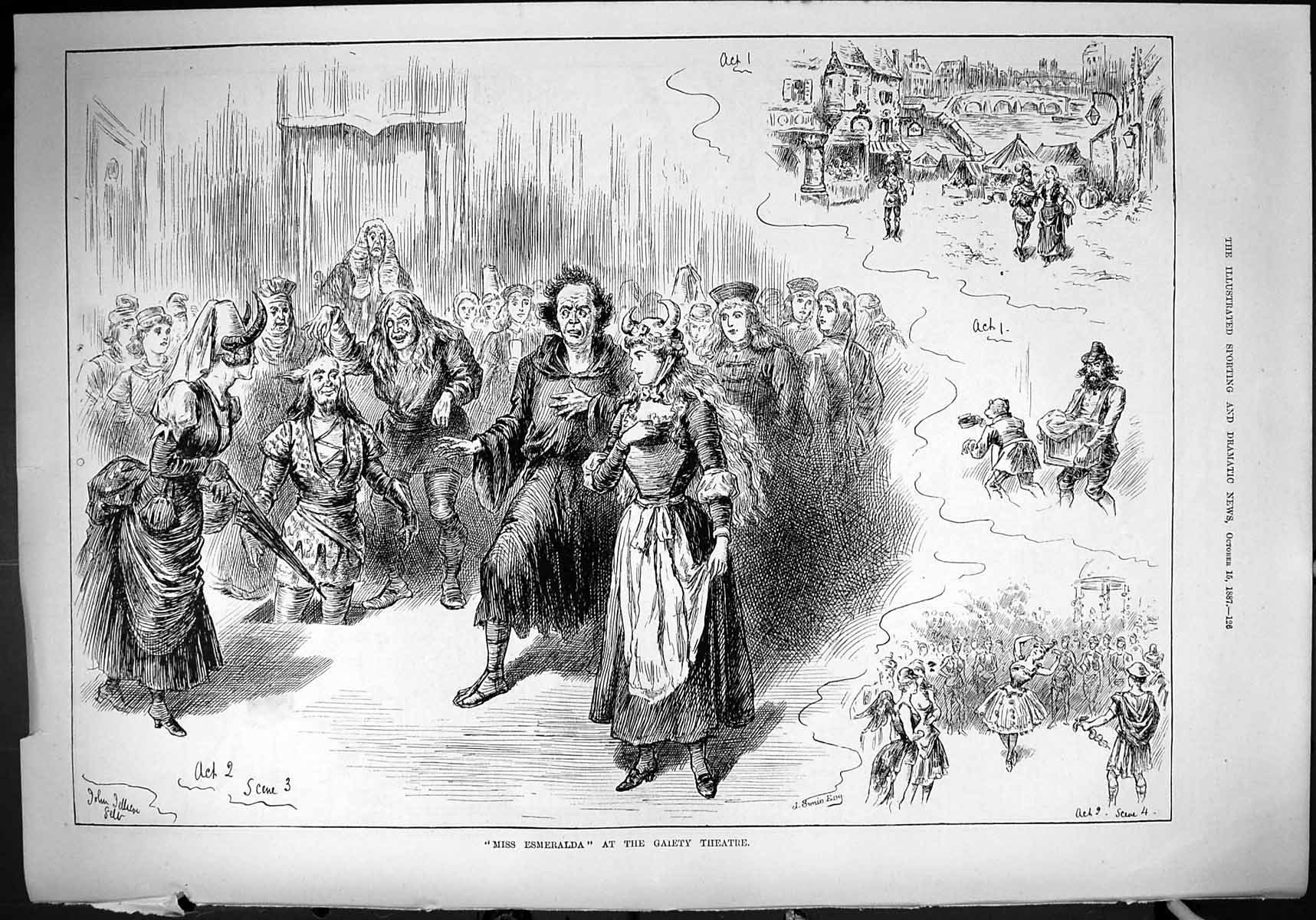 Original Old Antique Print 1887 Miss Esmeralda Gaiety Theatre Actors Scene 19th
