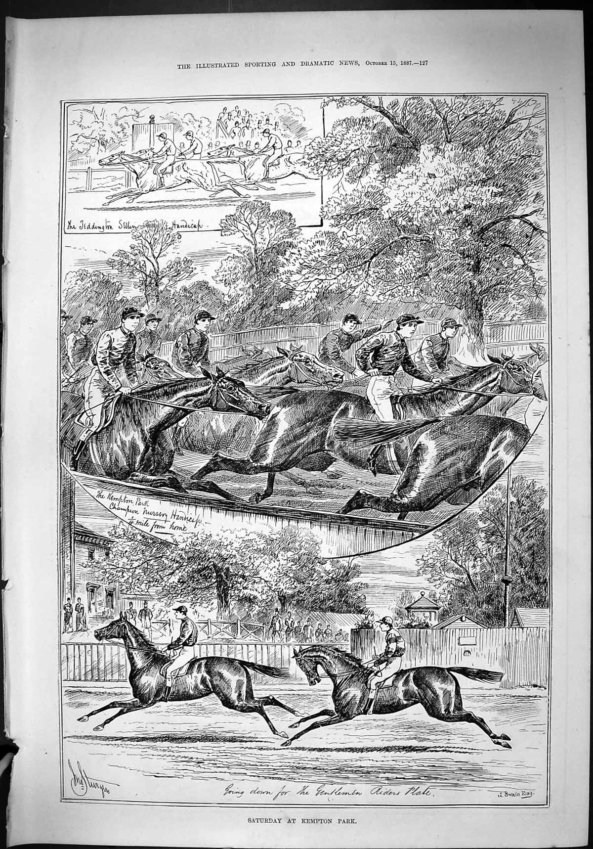 Antique Old Print 1887 Satruday Horse Racing Kempton Park Nursery Handicap 19th
