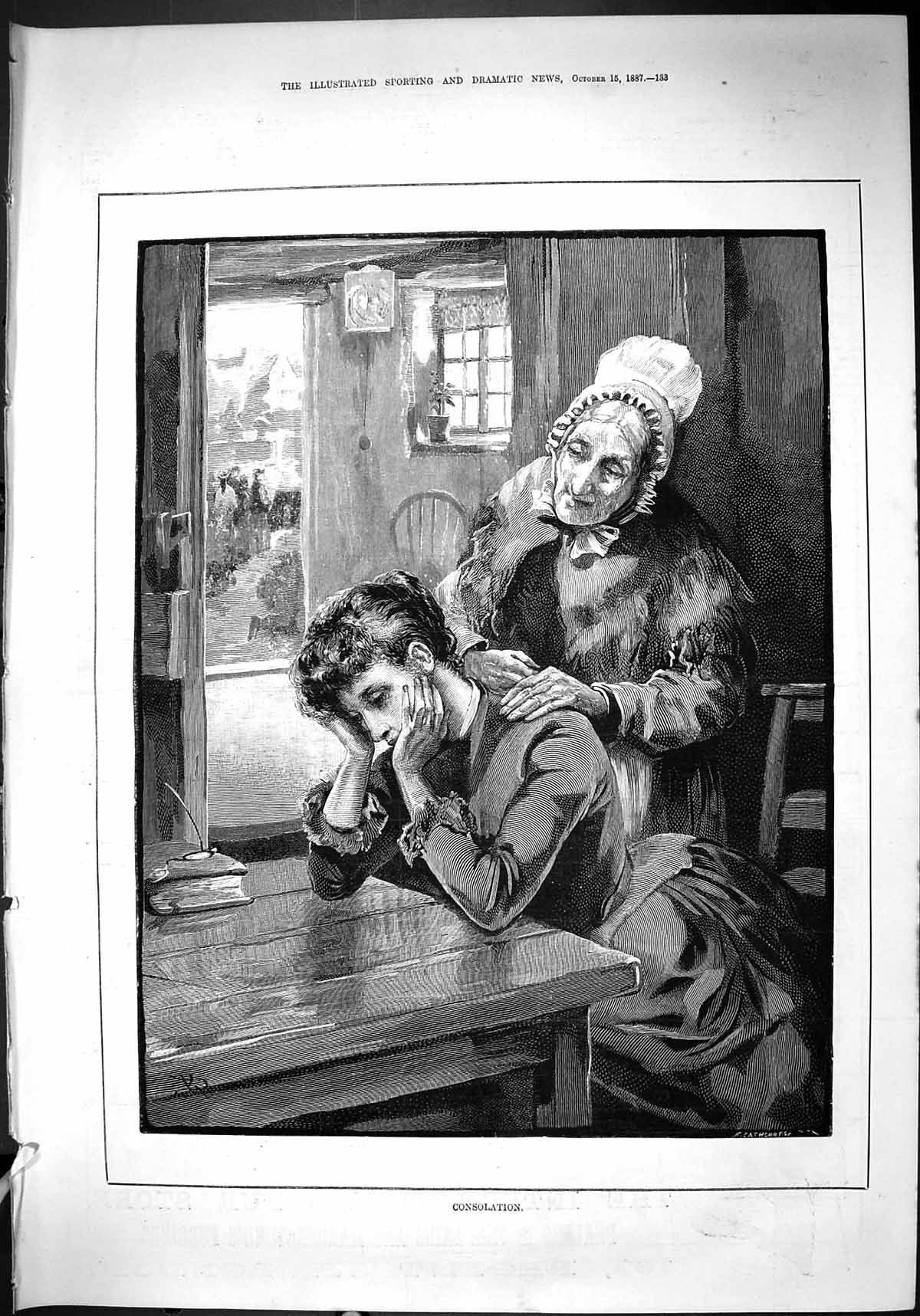 Original Old Antique Print Consolation Upset Woman Lady House Table 1887 19th