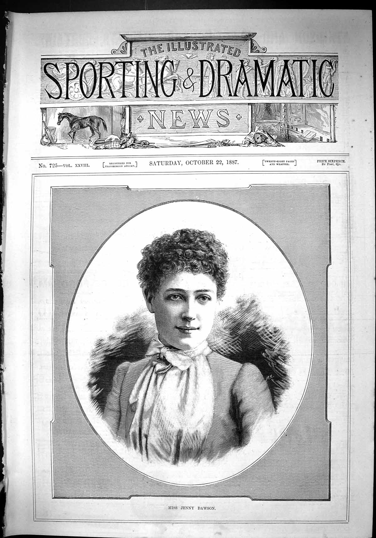 Original Old Antique Print 1887 Portrait Beautiful Woman Miss Jenny Dawson 19th