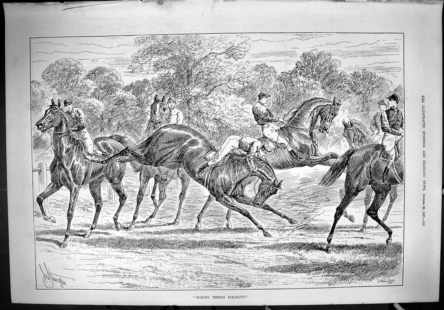 Old Antique Print 1887 Jockey Falling Horses Making Things Pleasant Swain 19th