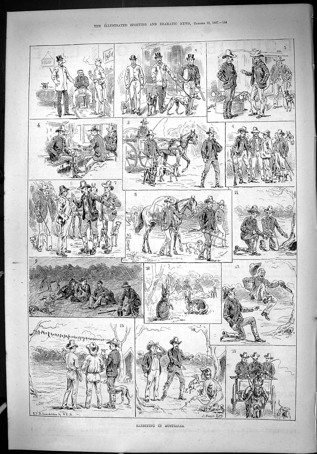 Antique Old Print 1887 Rabbiting Australia Rabbit Hunting Men Shooting Sport