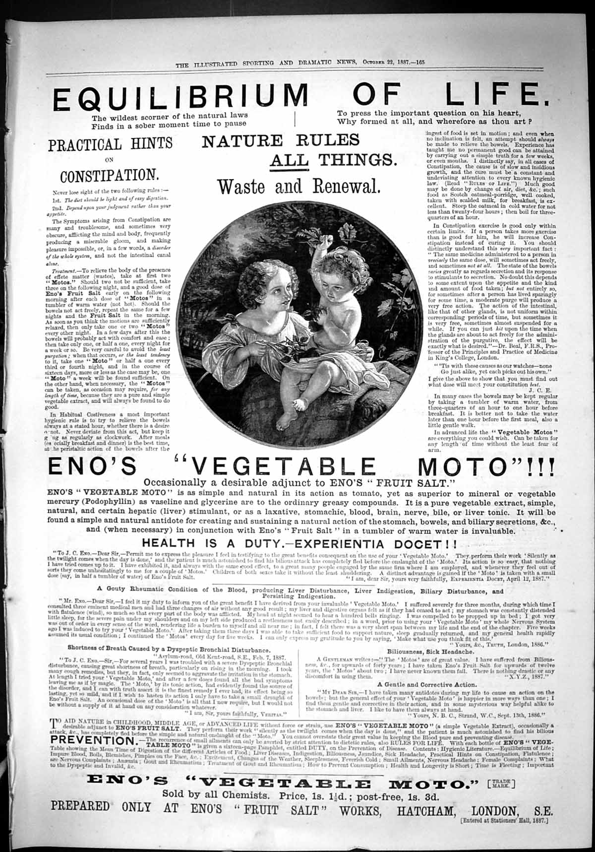 Old 1887 Advertisement Eno'S Vegetable Moto Fruit Salt Works Hatcham Victorian