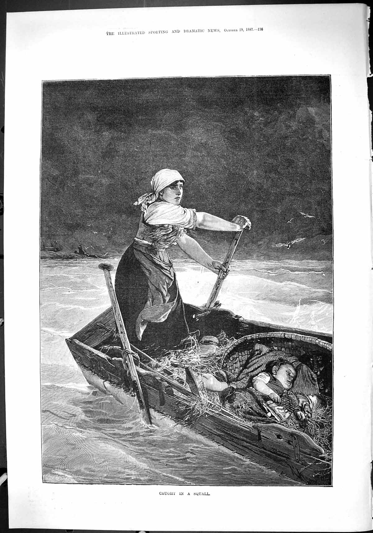 Old Antique Print 1887 Caught Squall Mother Baby Sleeping Boat Stormy Sea 19th